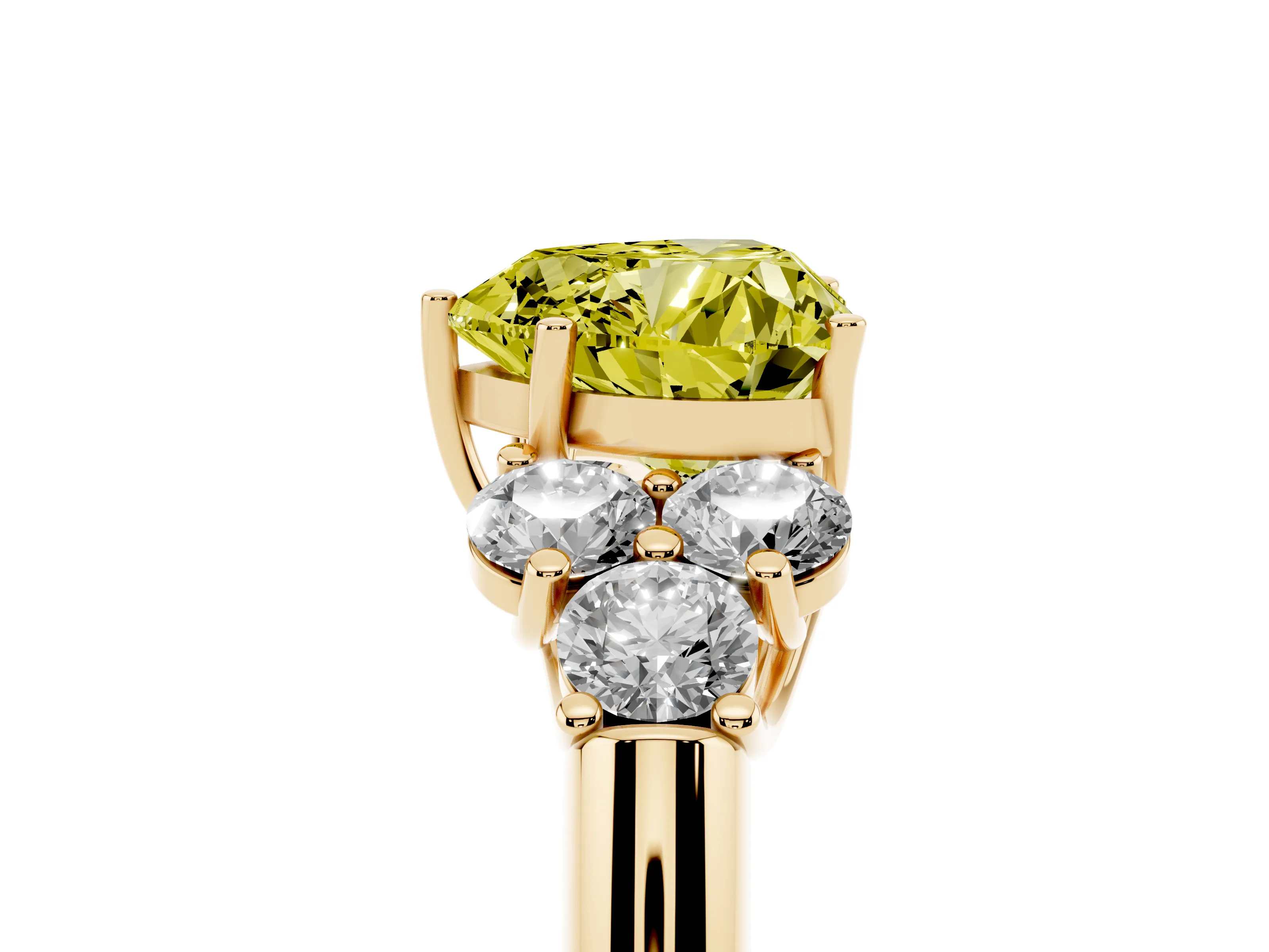 Fancy Yellow Heart Cut Diamond Cluster Ring Set in Yellow gold with Round Accent Stones and Prong Setting on a Plain Band
