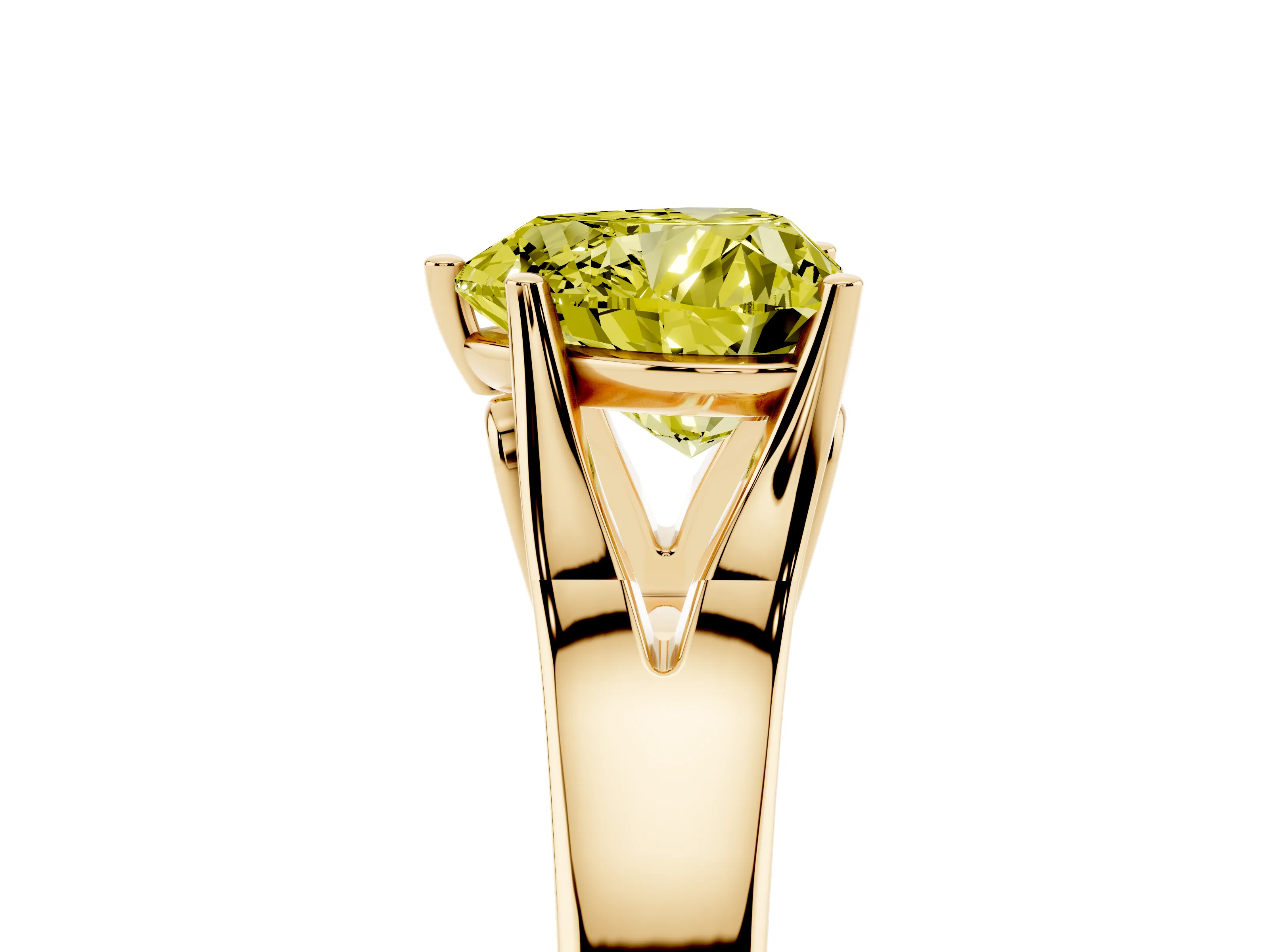 Fancy Yellow Heart Cut Diamond Solitaire Ring Set in Yellow gold with Arched Cathedral Band and Prong Setting
