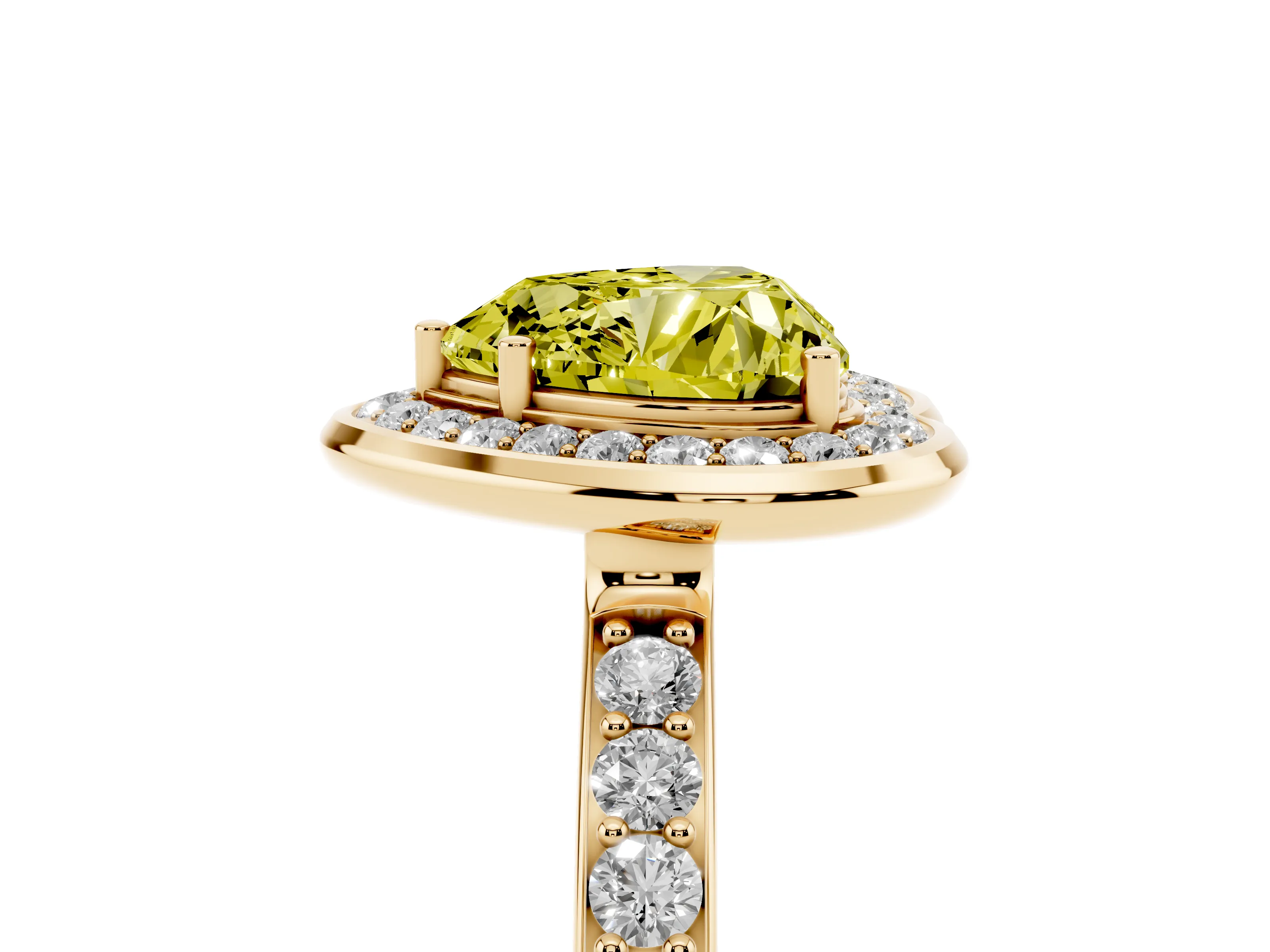 Fancy Yellow Heart Cut Diamond Halo Ring Set in Yellow gold with Bezel Frame and Pavé Band