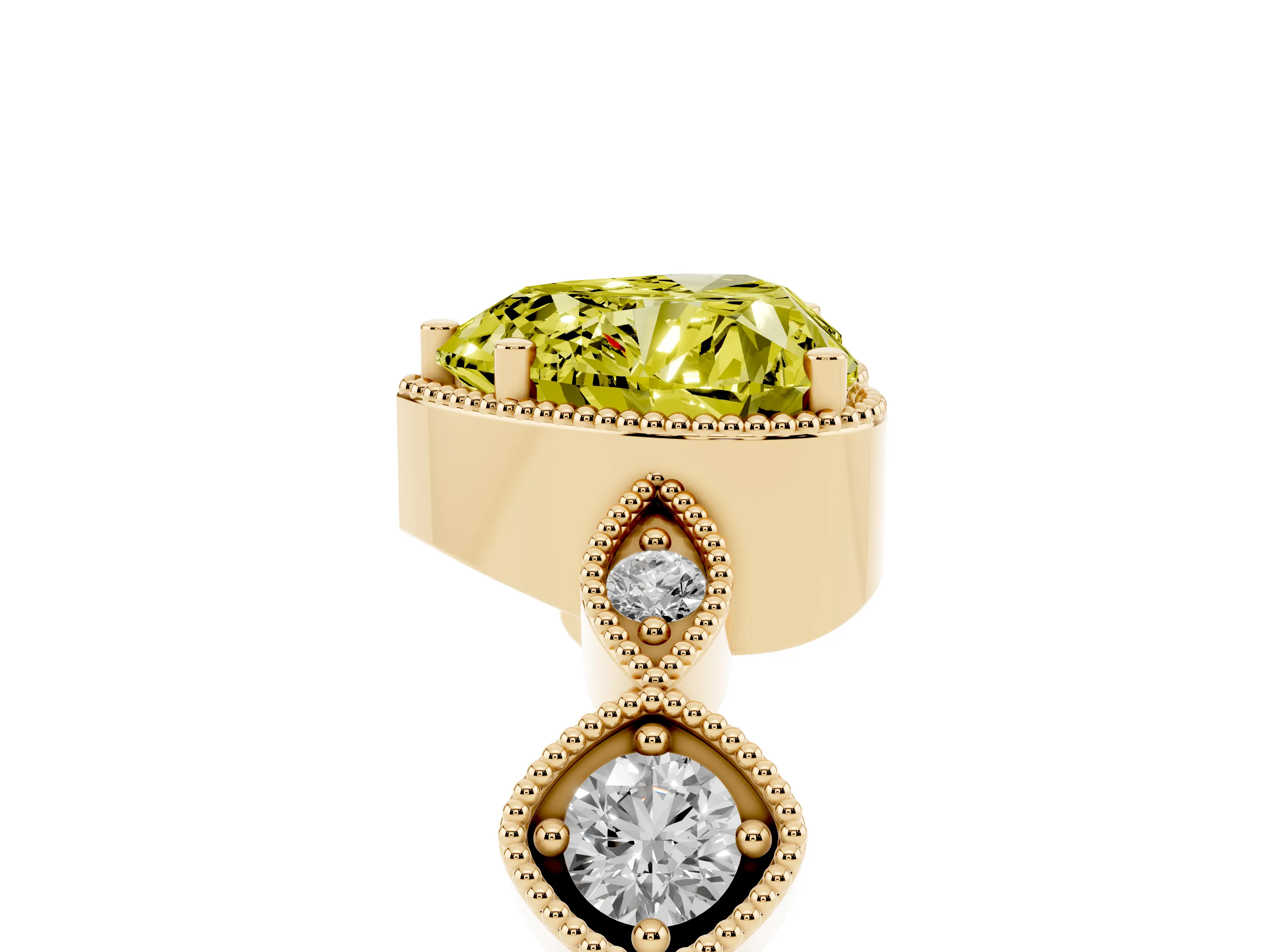 Fancy Yellow Heart Cut Diamond Vintage-Inspired Milgrain Ring Set in Yellow gold with Marquise Stations of Round Accents