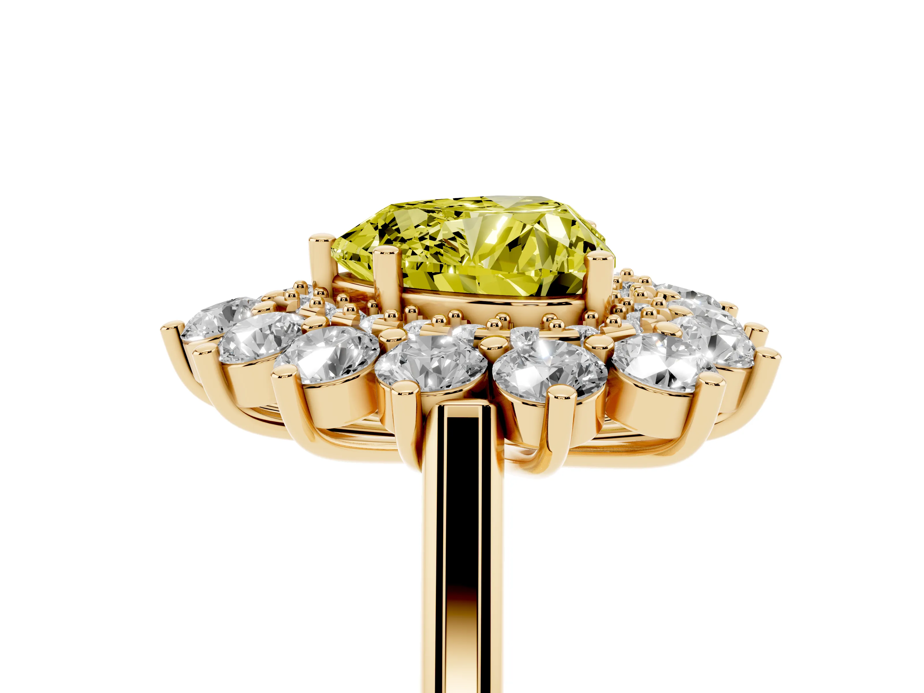Fancy Yellow Heart Cut Diamond Floral Double Halo Ring Set in Yellow gold with Round Petals