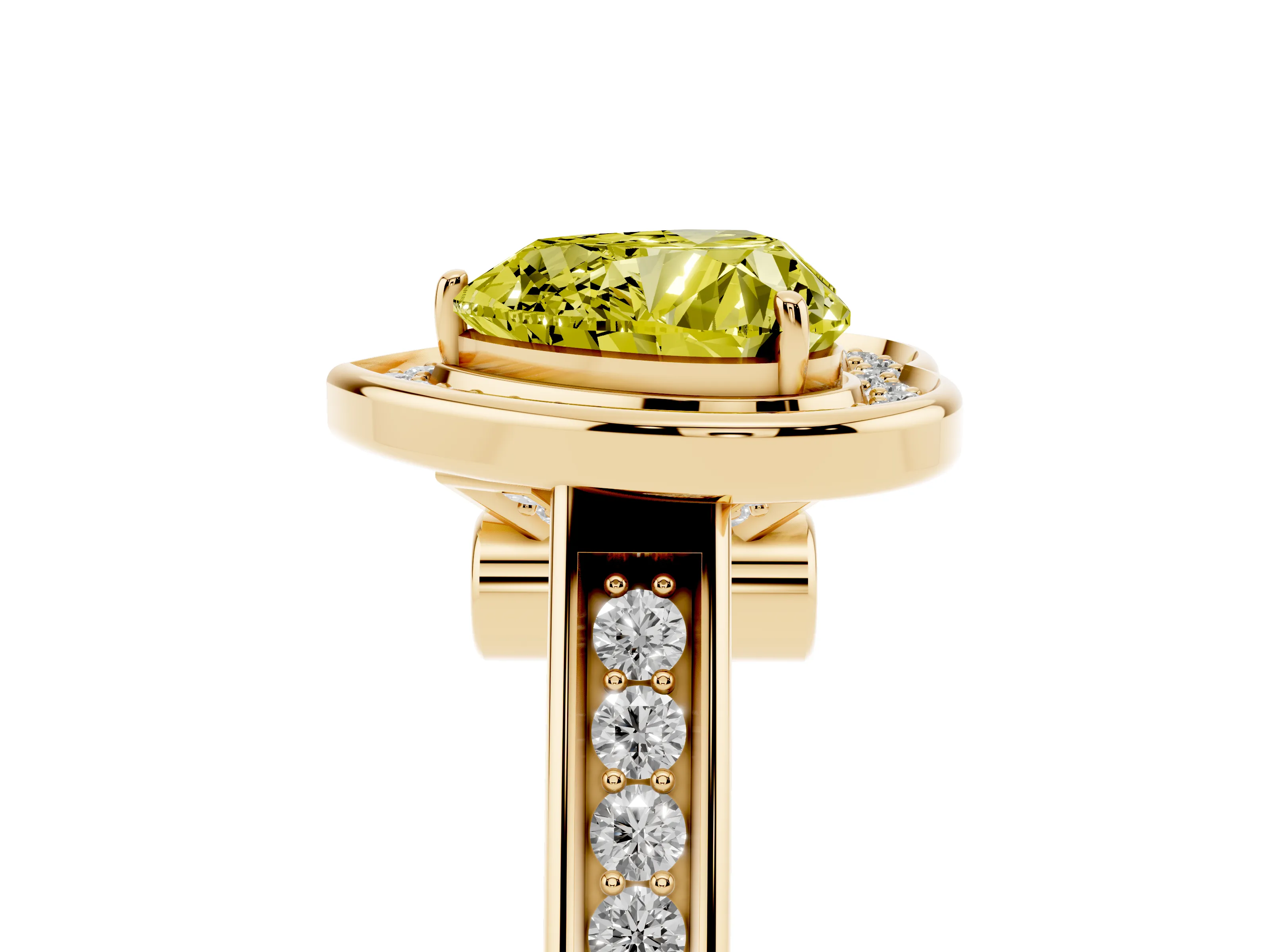 Fancy Yellow Heart Cut Diamond Halo Solitaire Ring Set in Yellow gold with Pavé Band and Bezel Setting