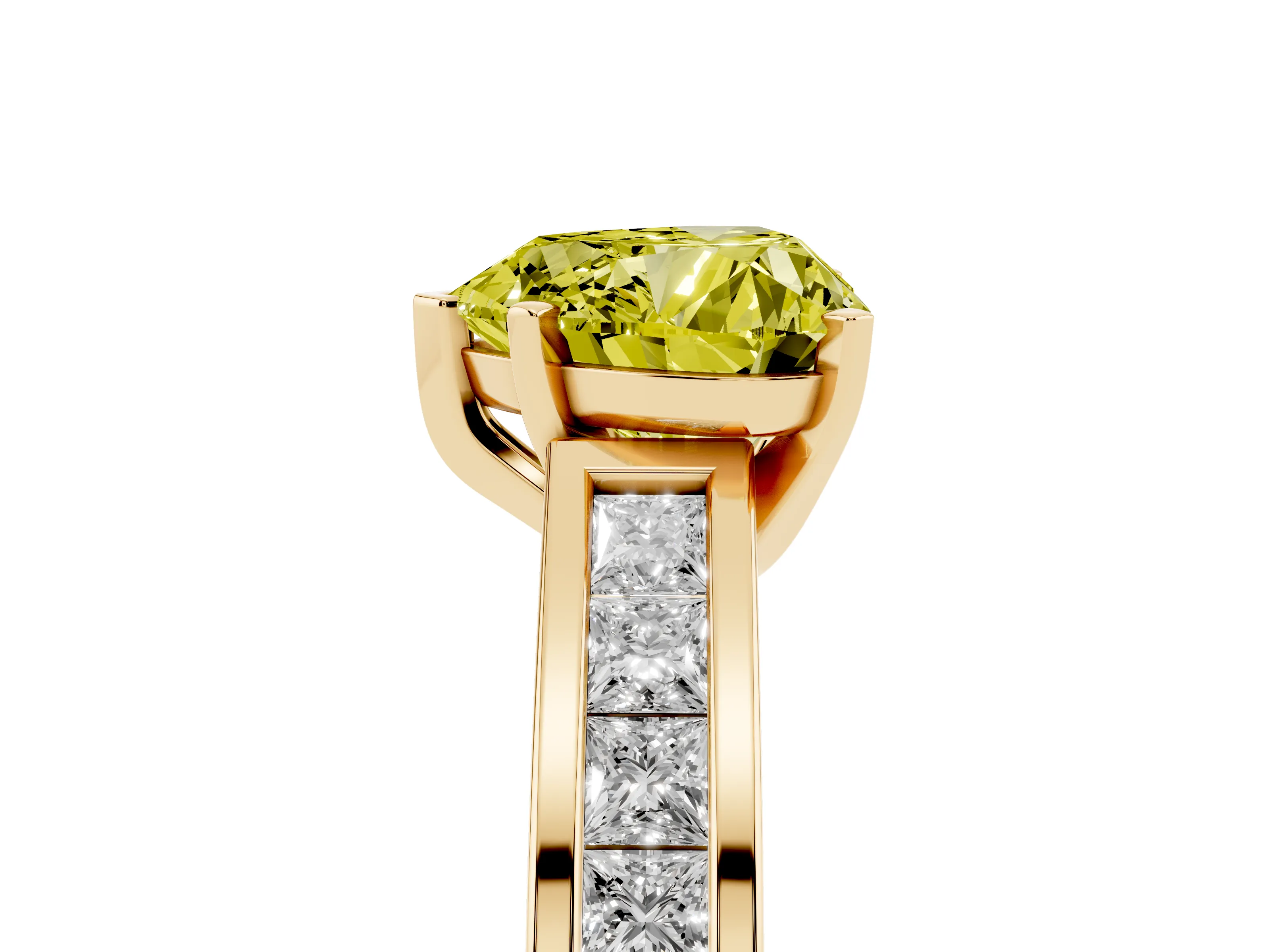 Fancy Yellow Heart Cut Diamond Solitaire Ring Set in Yellow gold with Channel-Set Band and Prong Setting