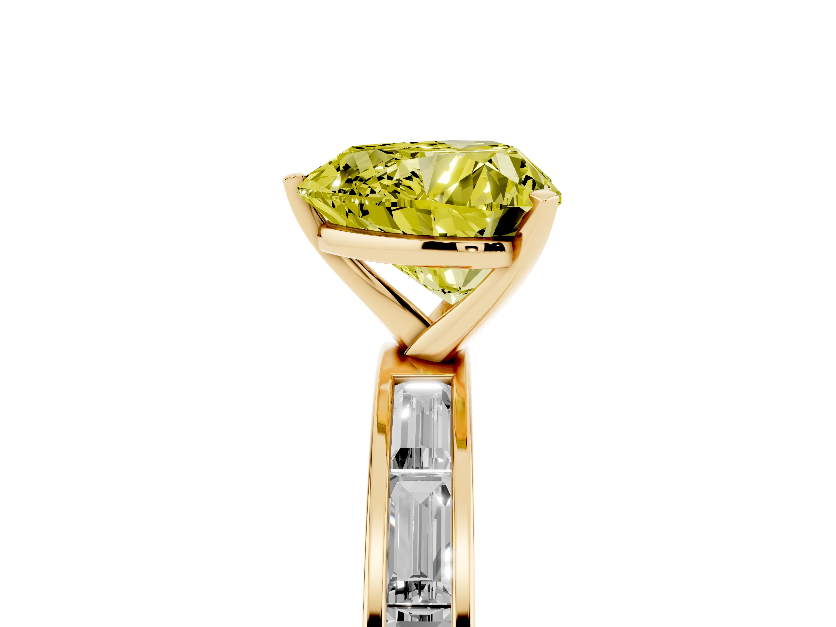 Fancy Yellow Heart Cut Diamond Solitaire Ring Set in Yellow gold with Channel-Set Baguette Band and Prong Setting
