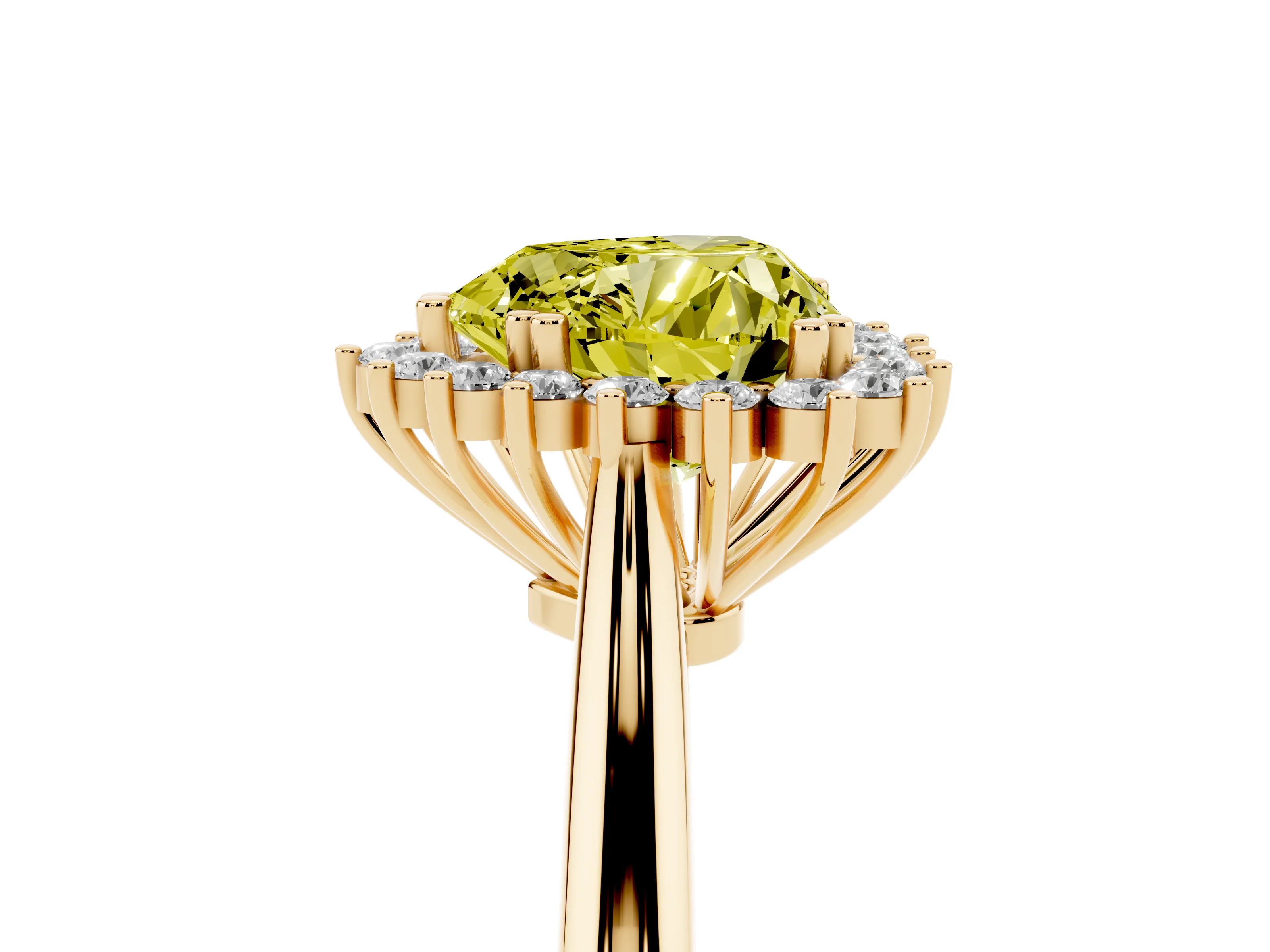 Fancy Yellow Heart Cut Diamond Halo Ring Set in Yellow gold with Plain Solitaire Band and Prong Setting