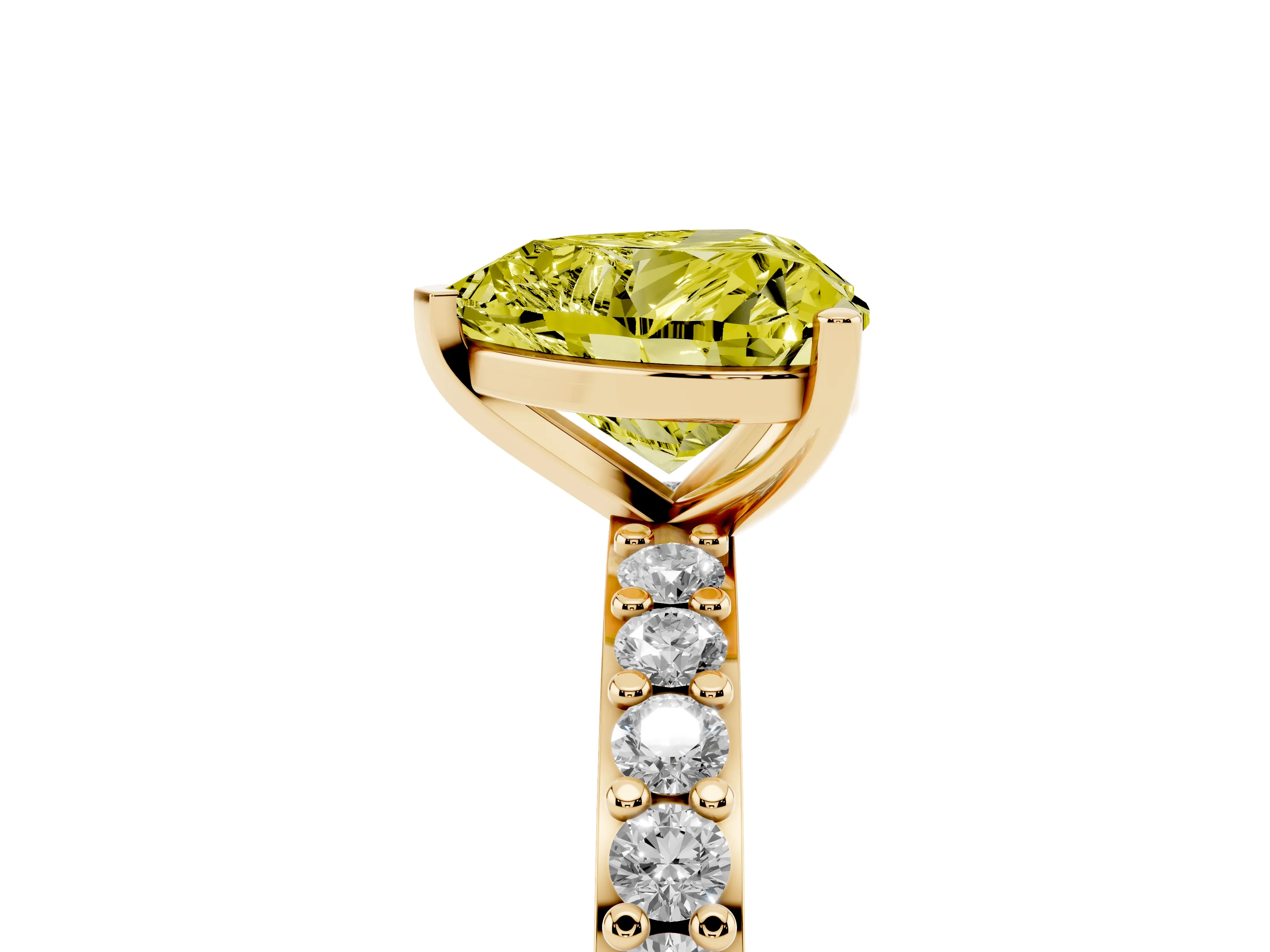 Fancy Yellow Heart Cut Diamond Solitaire Set in Yellow gold with Round Pavé Band and Prong Setting