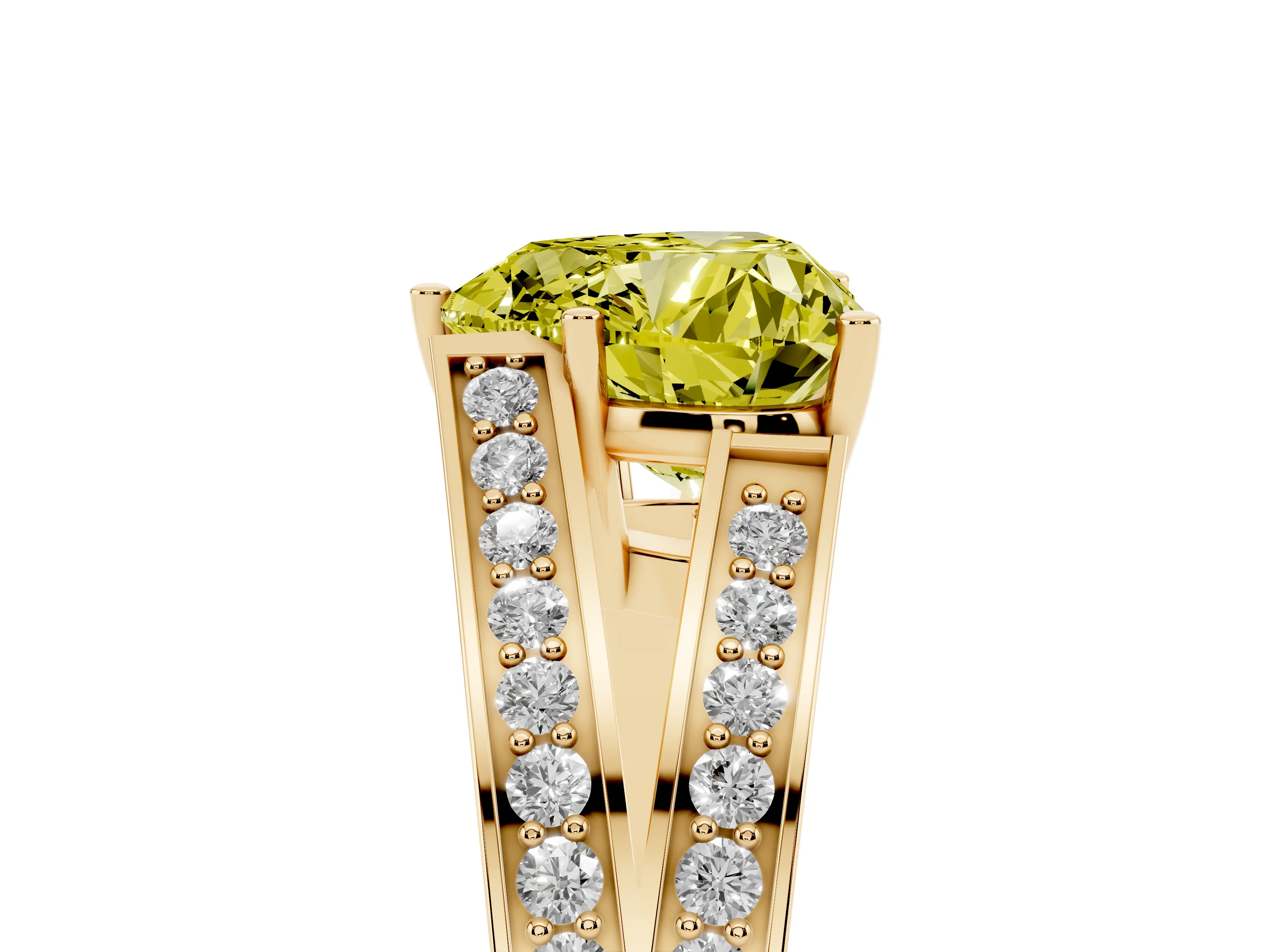 Fancy Yellow Heart Cut Diamond Split Shank Ring Set in Yellow gold with Pavé Band and Prong Setting