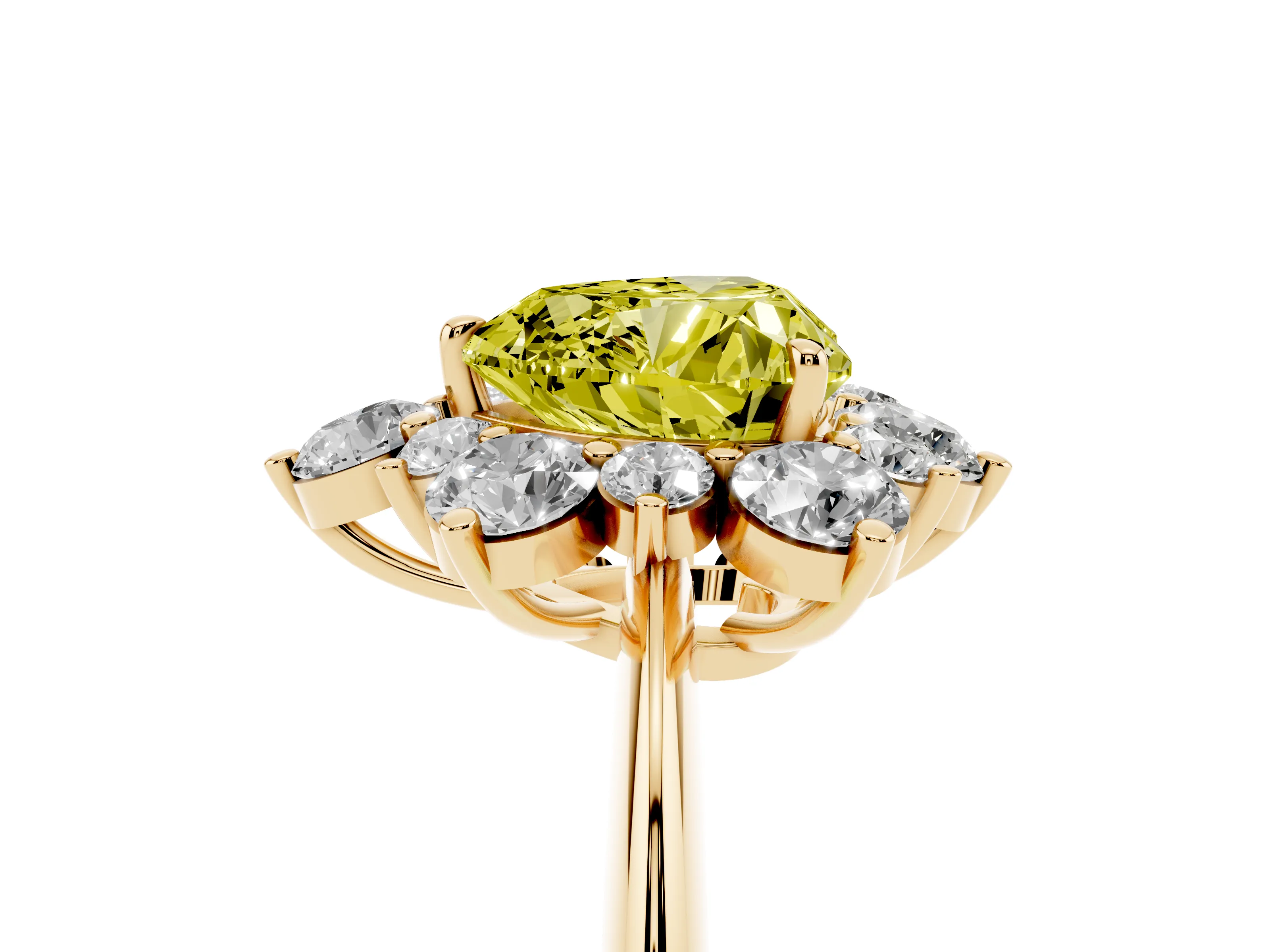 Fancy Yellow Heart Cut Diamond Cluster Halo Ring Set in Yellow gold with Solitaire Band and Prong Setting