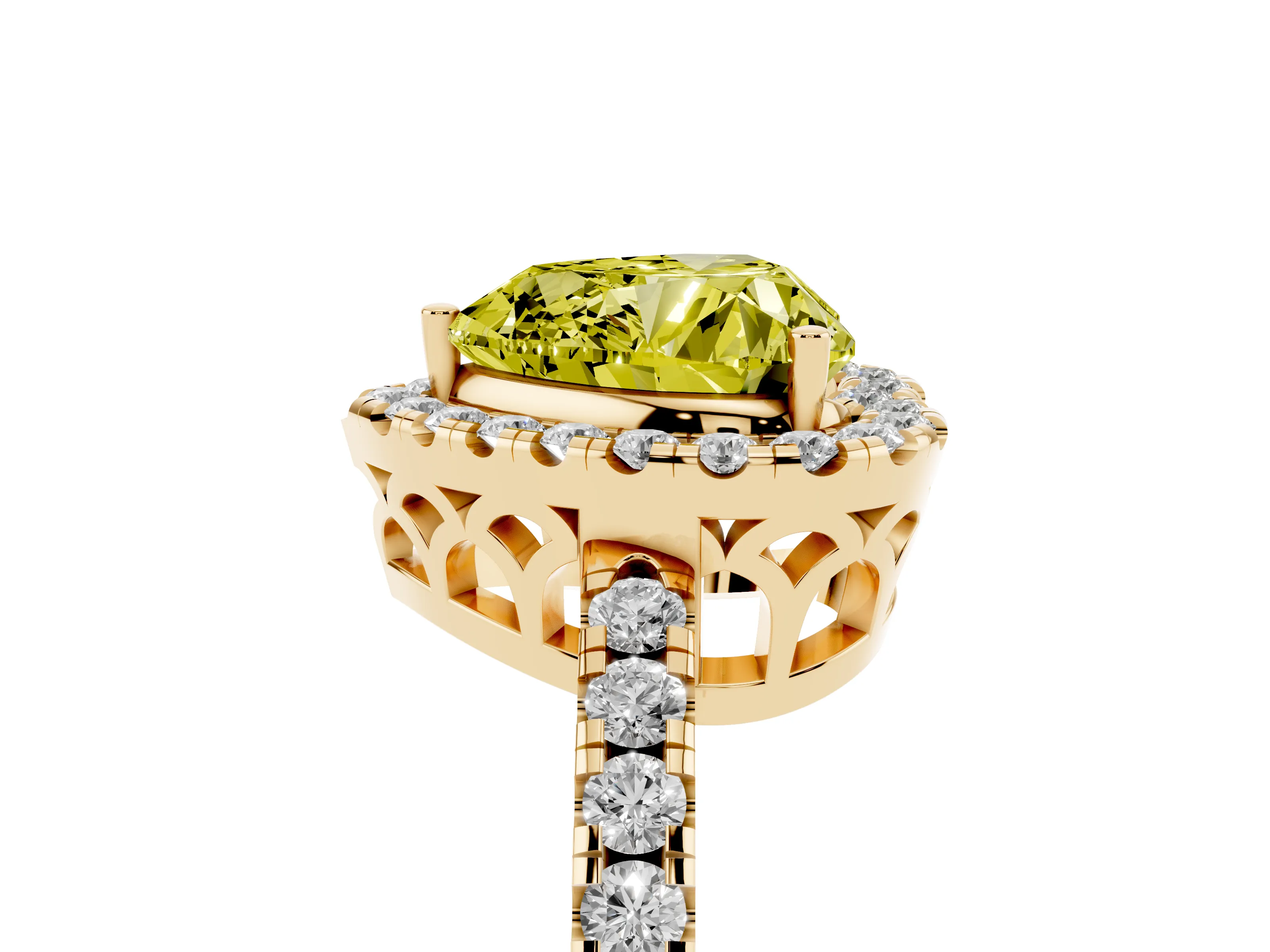 Fancy Yellow Heart Cut Diamond Pavé Band Halo Engagement Ring Set in Yellow gold with Prong Setting