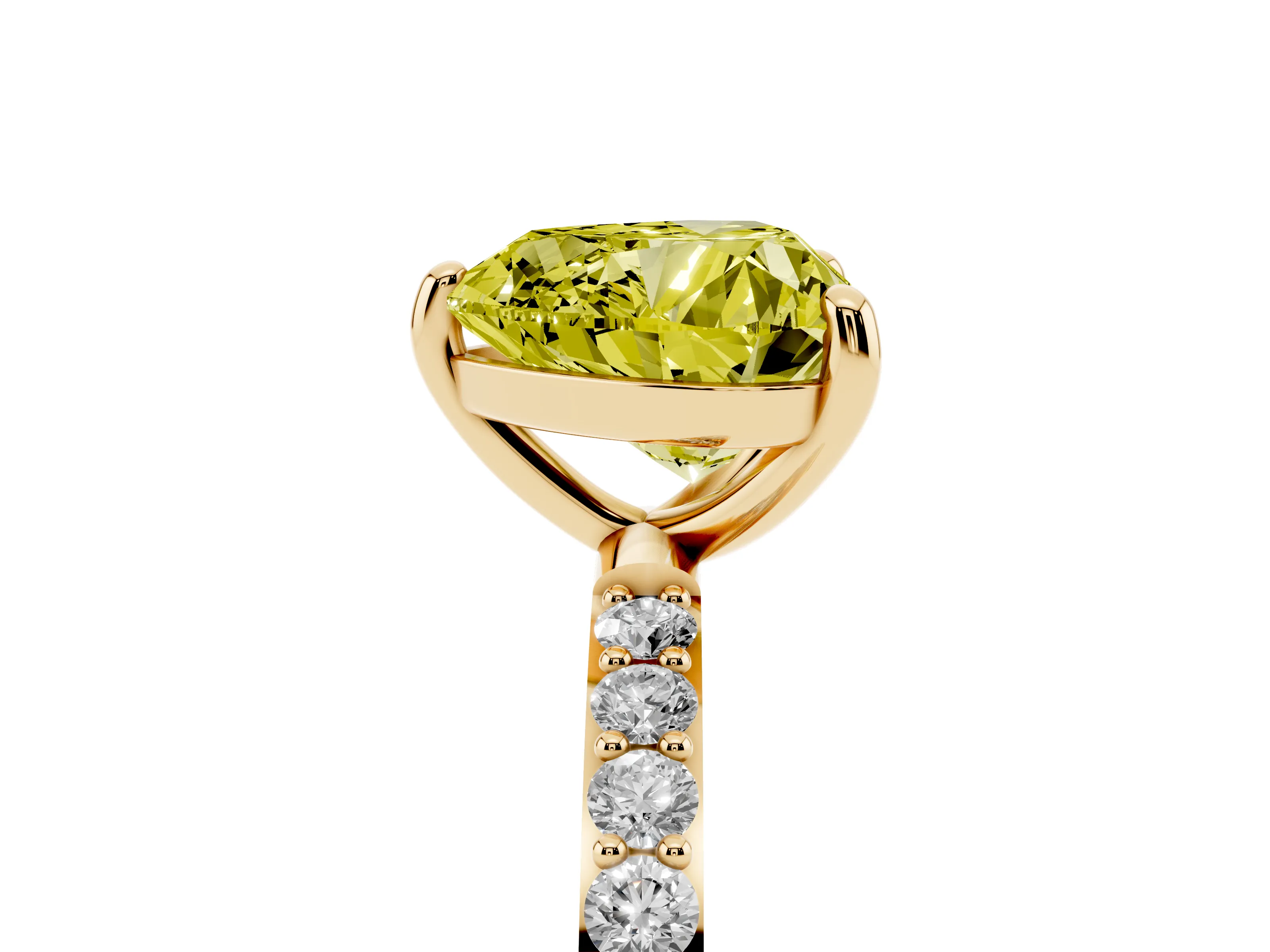 Fancy Yellow Heart Cut Diamond Solitaire Ring Set in Yellow gold with Round Pavé Band and Prong Setting
