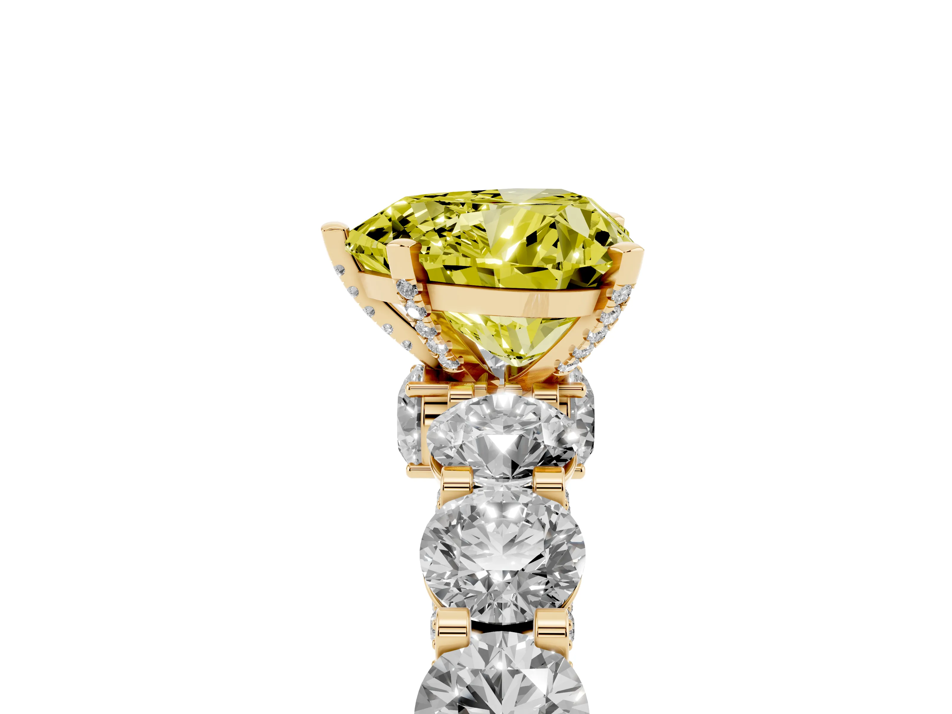 Fancy Yellow Heart Cut Diamond Side Stone Ring Set in Yellow gold with Alternating Round and Oval Side Stones