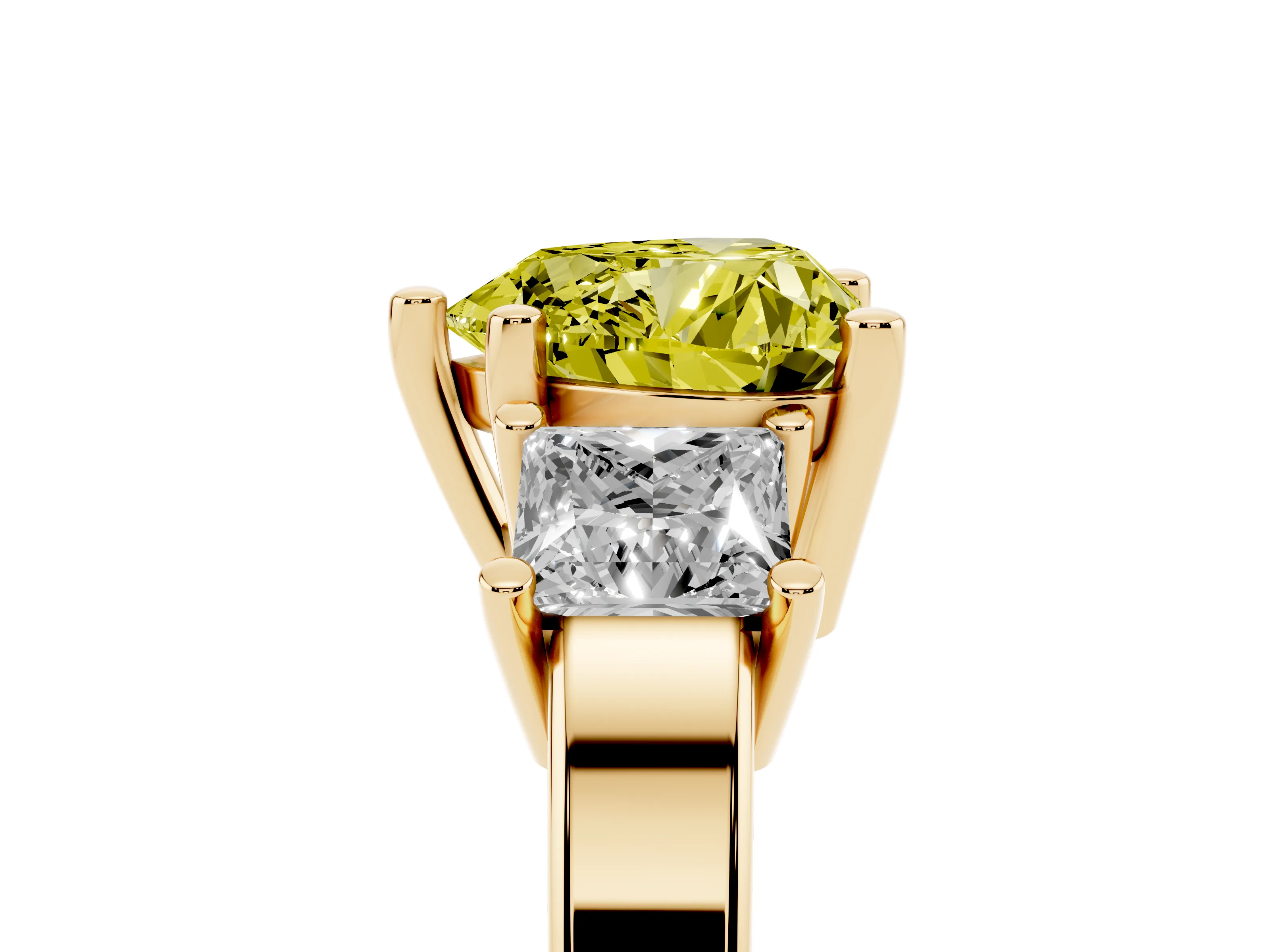 Fancy Yellow Three-Stone Heart Cut Diamond Solitaire Ring Set in Yellow gold with Prong Setting