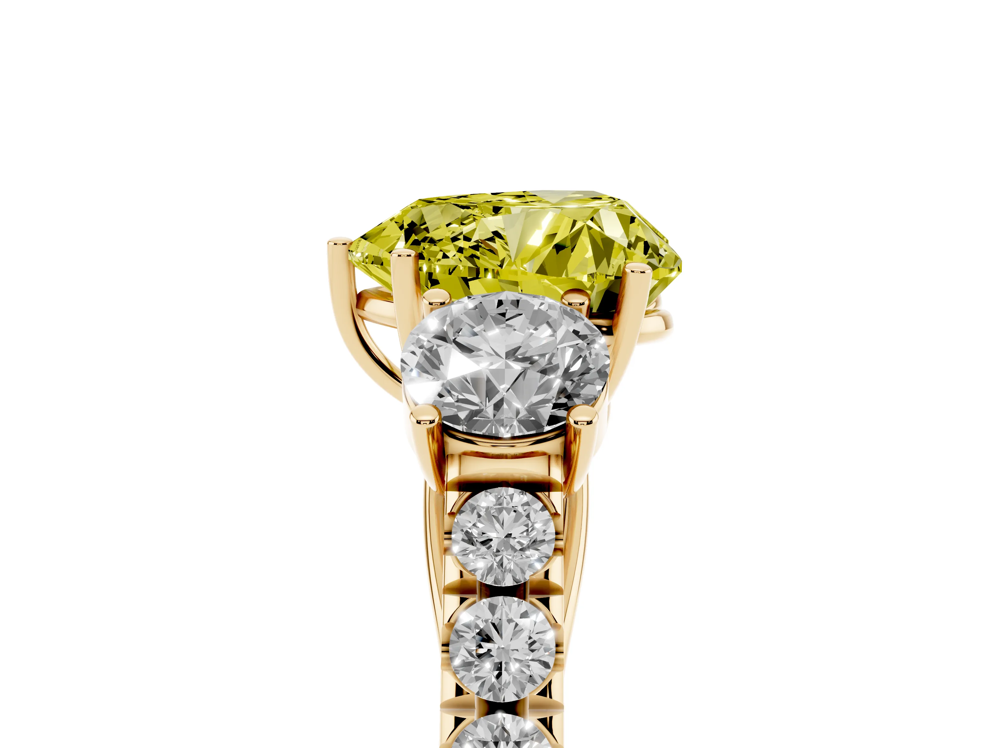 Fancy Yellow Heart Cut Diamond Three-Stone Ring Set in Yellow gold with Round Side Stones and Delicate Pavé Band