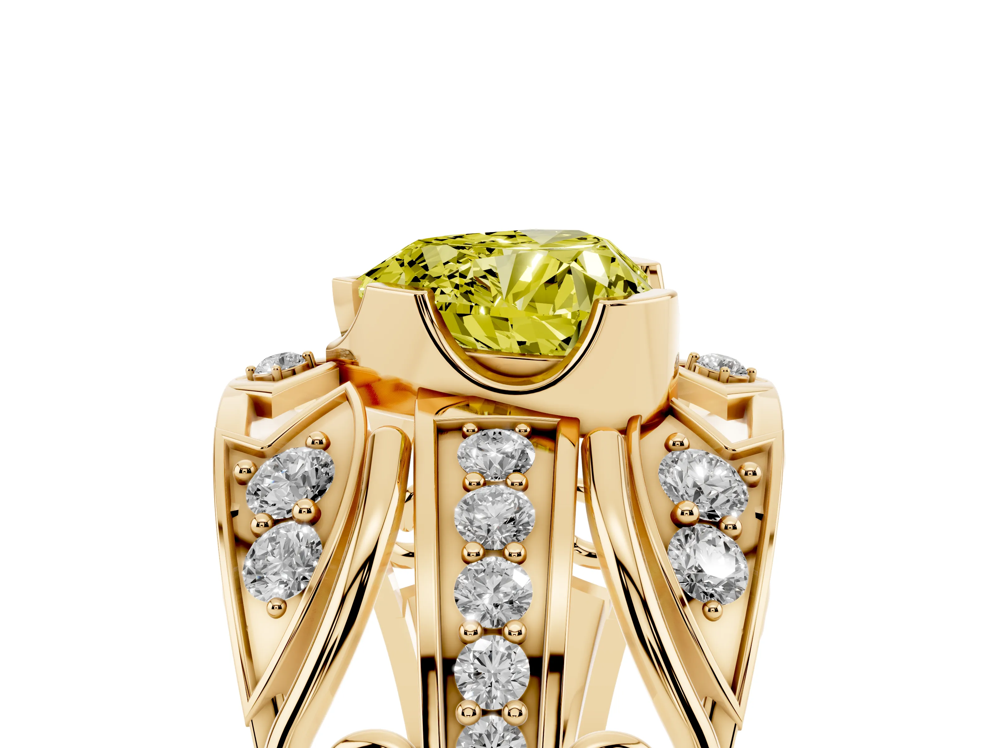 Fancy Yellow Heart Cut Diamond Art Deco Ring Set in Yellow gold with Pavé Split Shank