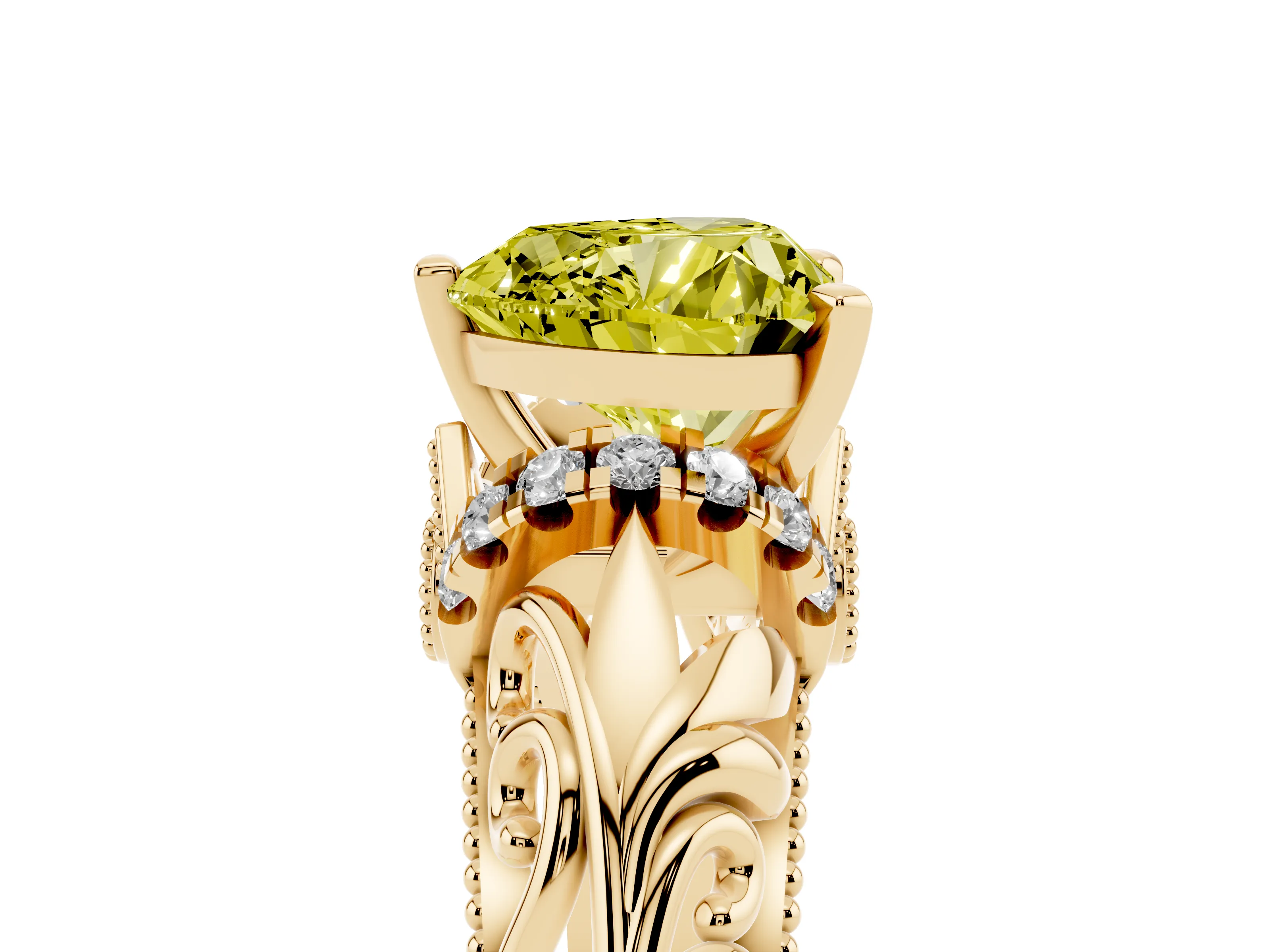 Fancy Yellow Heart Cut Diamond Filigree Halo Engagement Ring Set in Yellow gold with Prong Setting