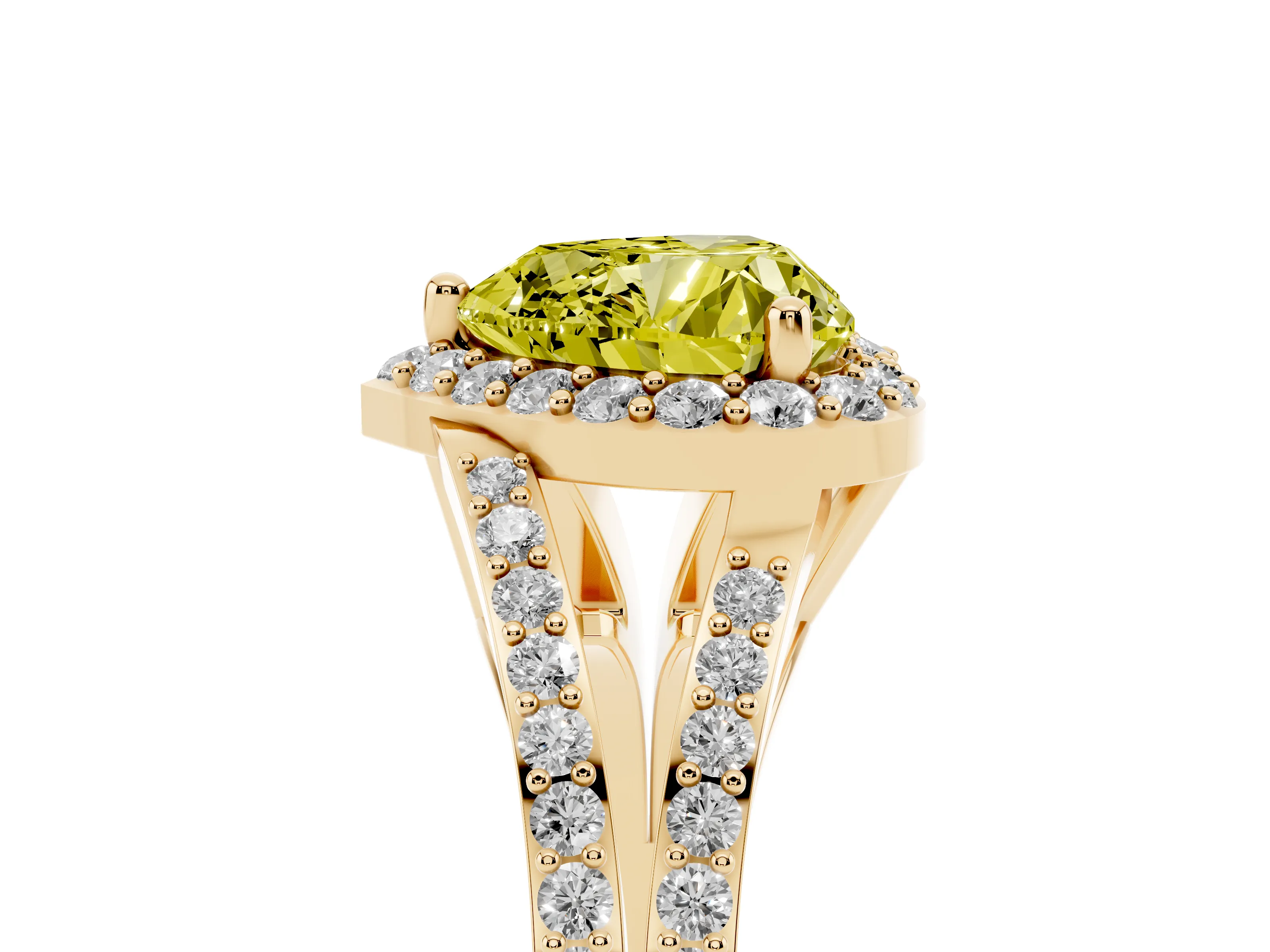 Fancy Yellow Heart Cut Diamond Halo Split Shank Pavé Ring Set in Yellow gold with Prong Setting