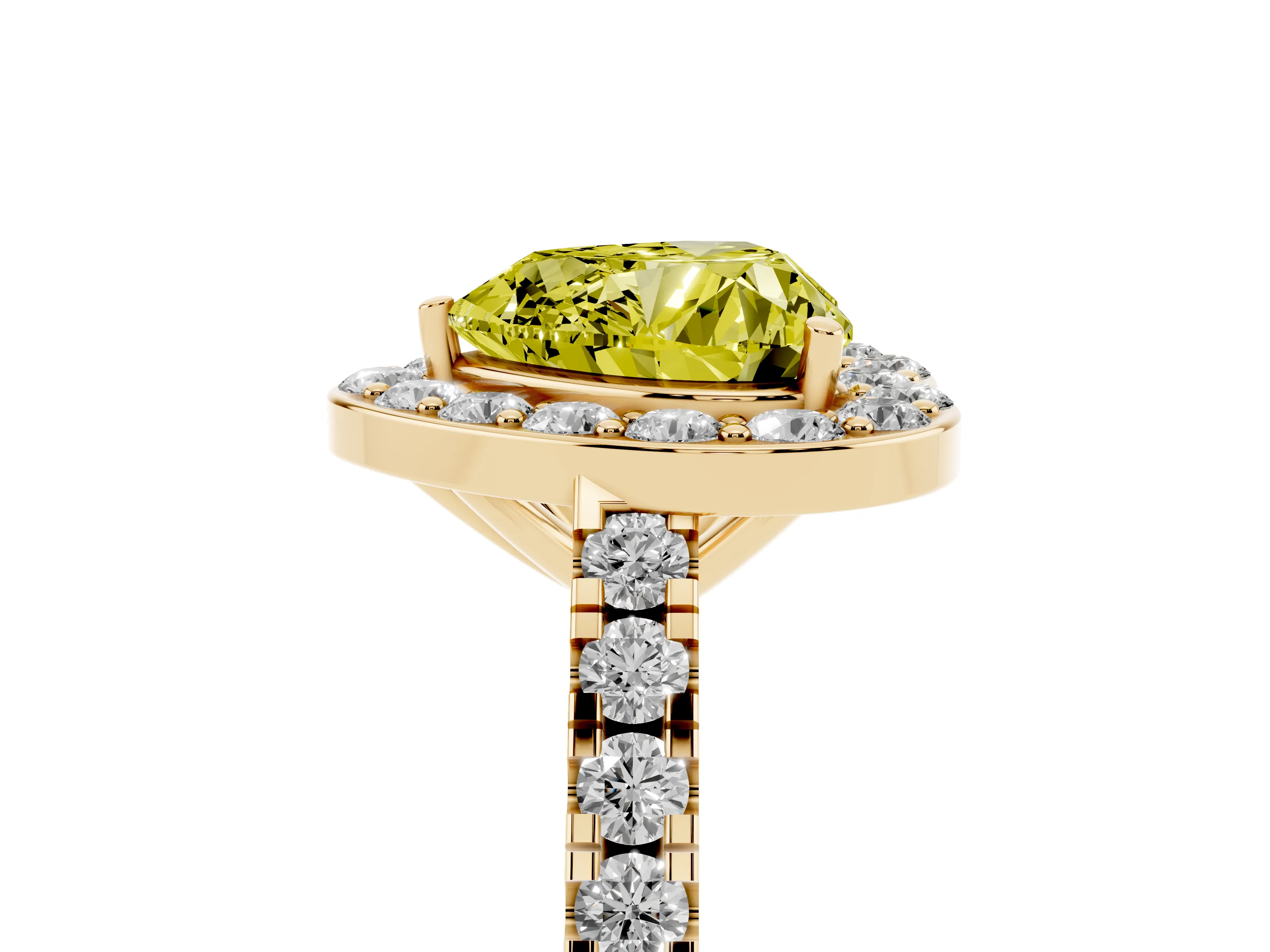 Fancy Yellow Heart Cut Diamond Halo Ring Set in Yellow gold with Round Pavé Split Shank and Prong Setting