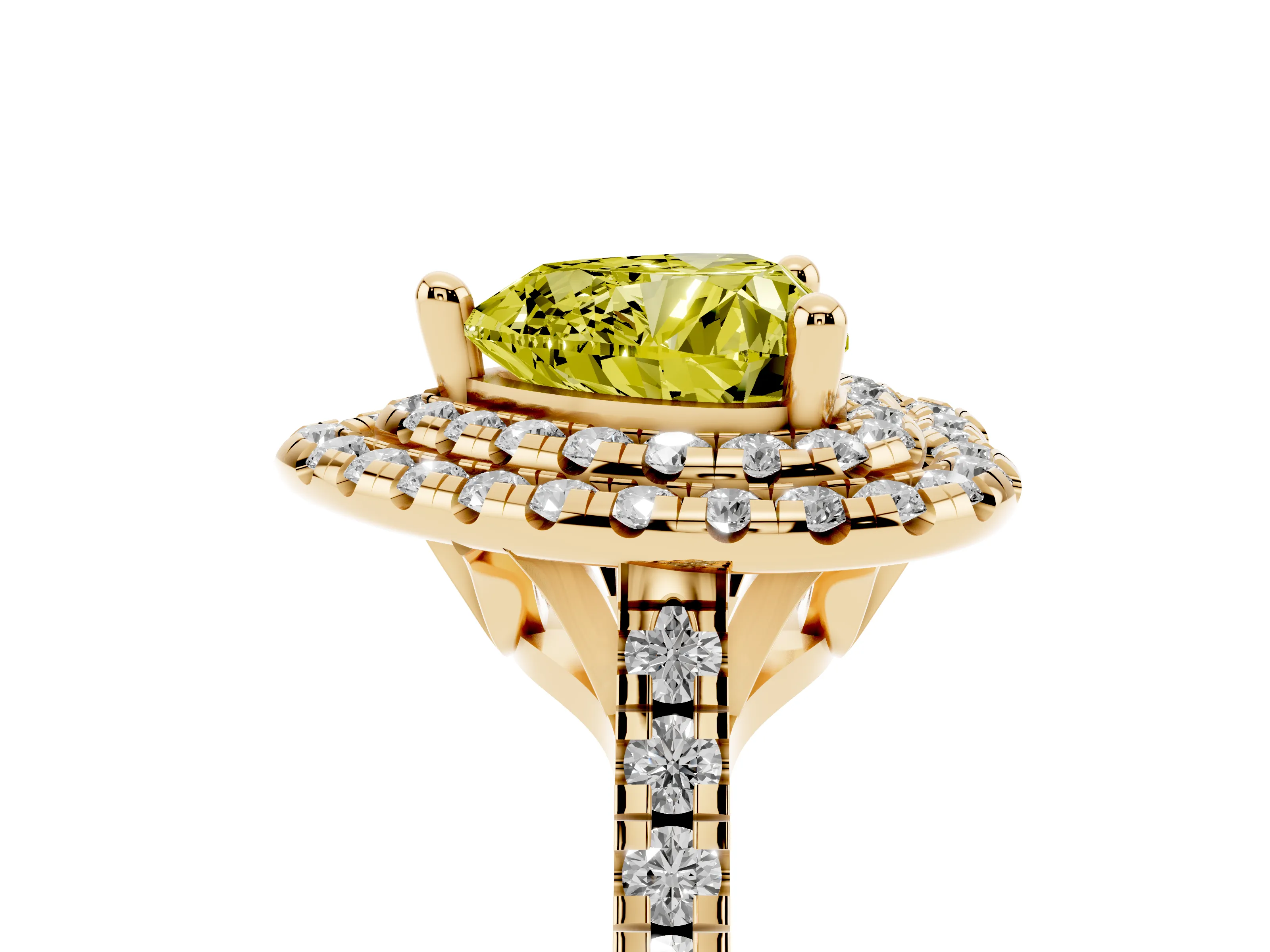 Fancy Yellow Heart Cut Diamond Double Halo Statement Ring Set in Yellow gold with Pavé Band