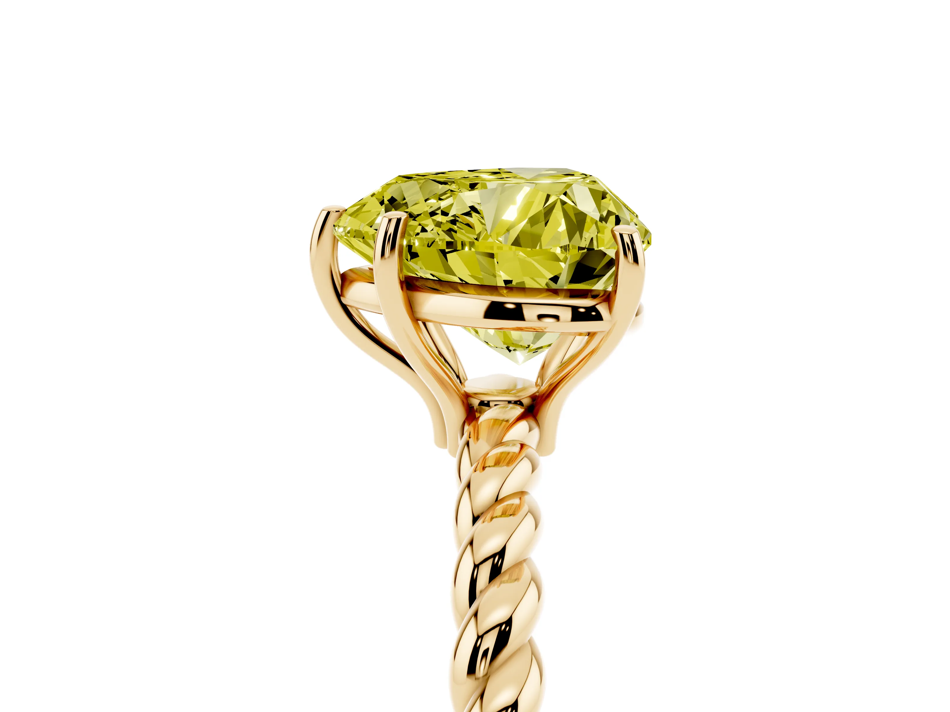 Fancy Yellow Heart Cut Diamond Solitaire Ring Set in Yellow gold with Twist Band and Prong Setting
