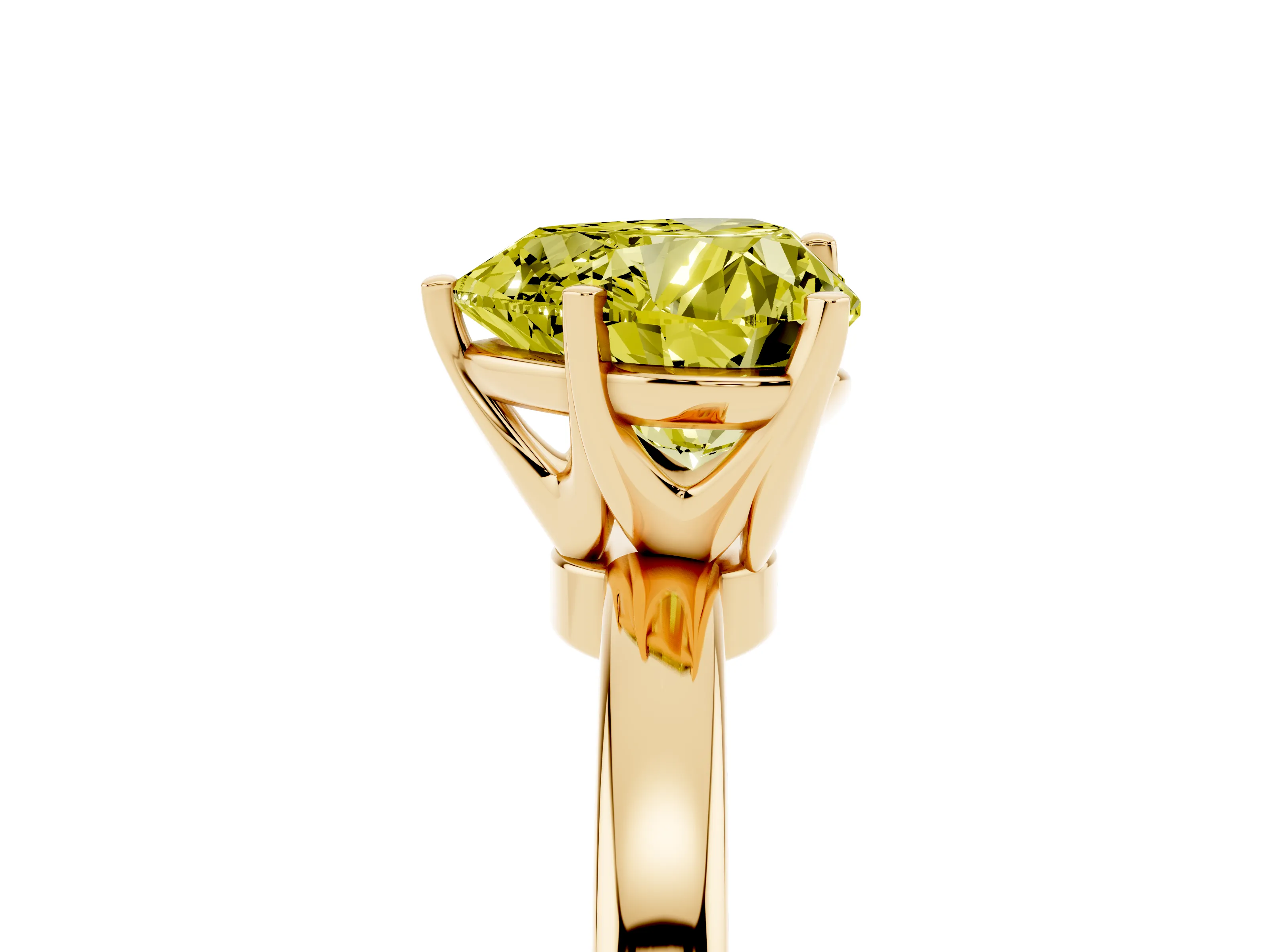 Fancy Yellow Heart Cut Diamond Solitaire Ring Set in Yellow gold with Raised Prong Setting on a Classic Band