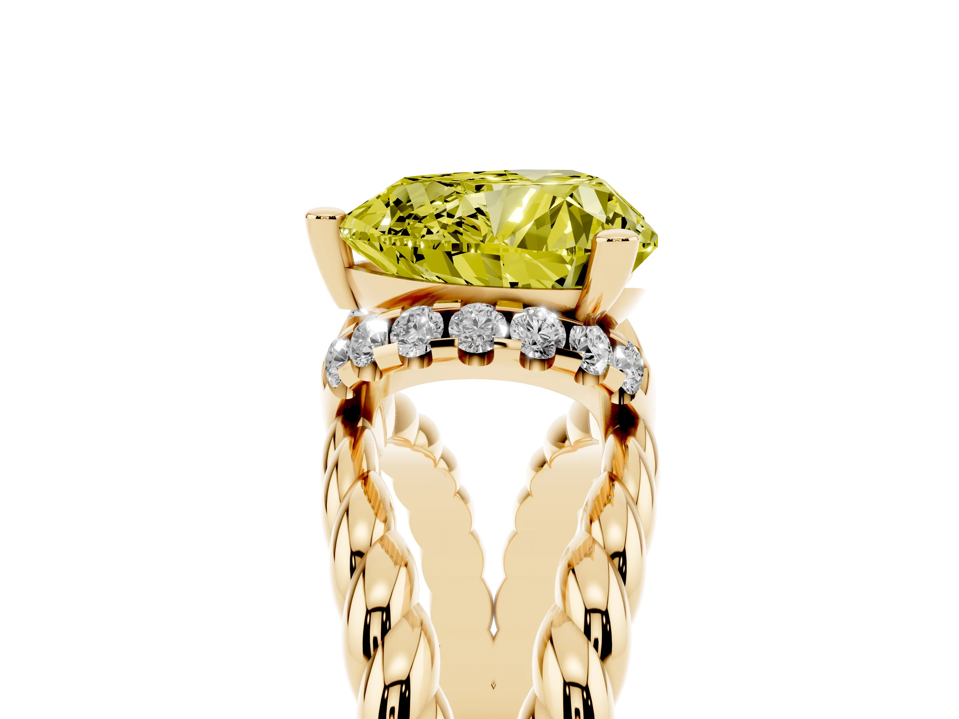 Fancy Yellow Heart Cut Diamond Halo Ring Set in Yellow gold with Twisted Band and Prong Setting