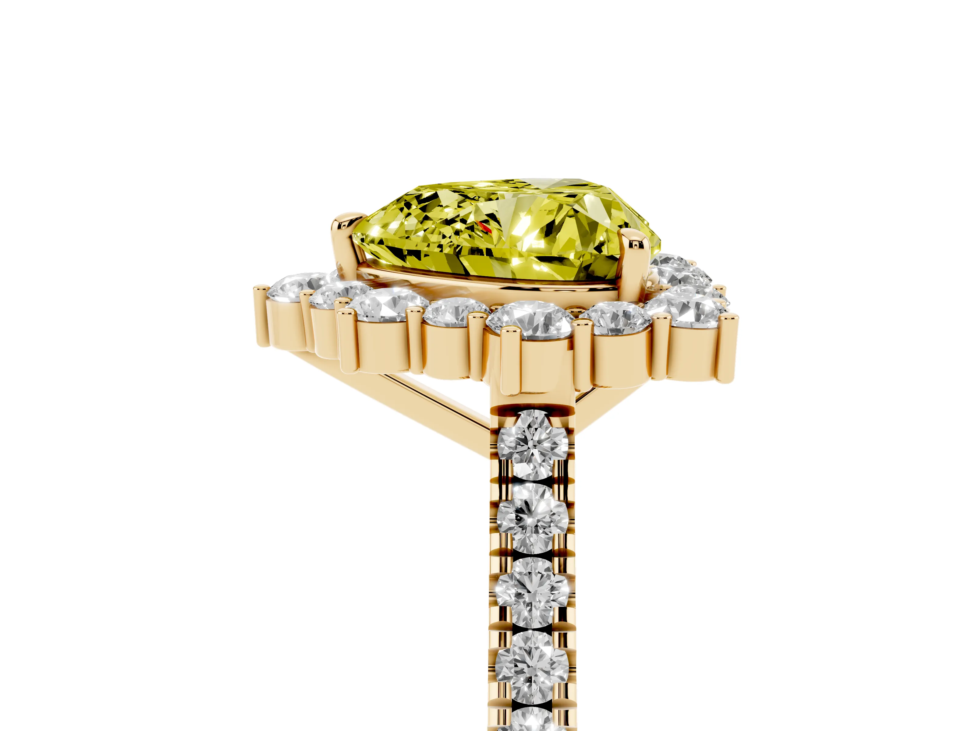 Fancy Yellow Heart Cut Diamond Halo Ring Set in Yellow gold with Pavé Band and Prong Setting