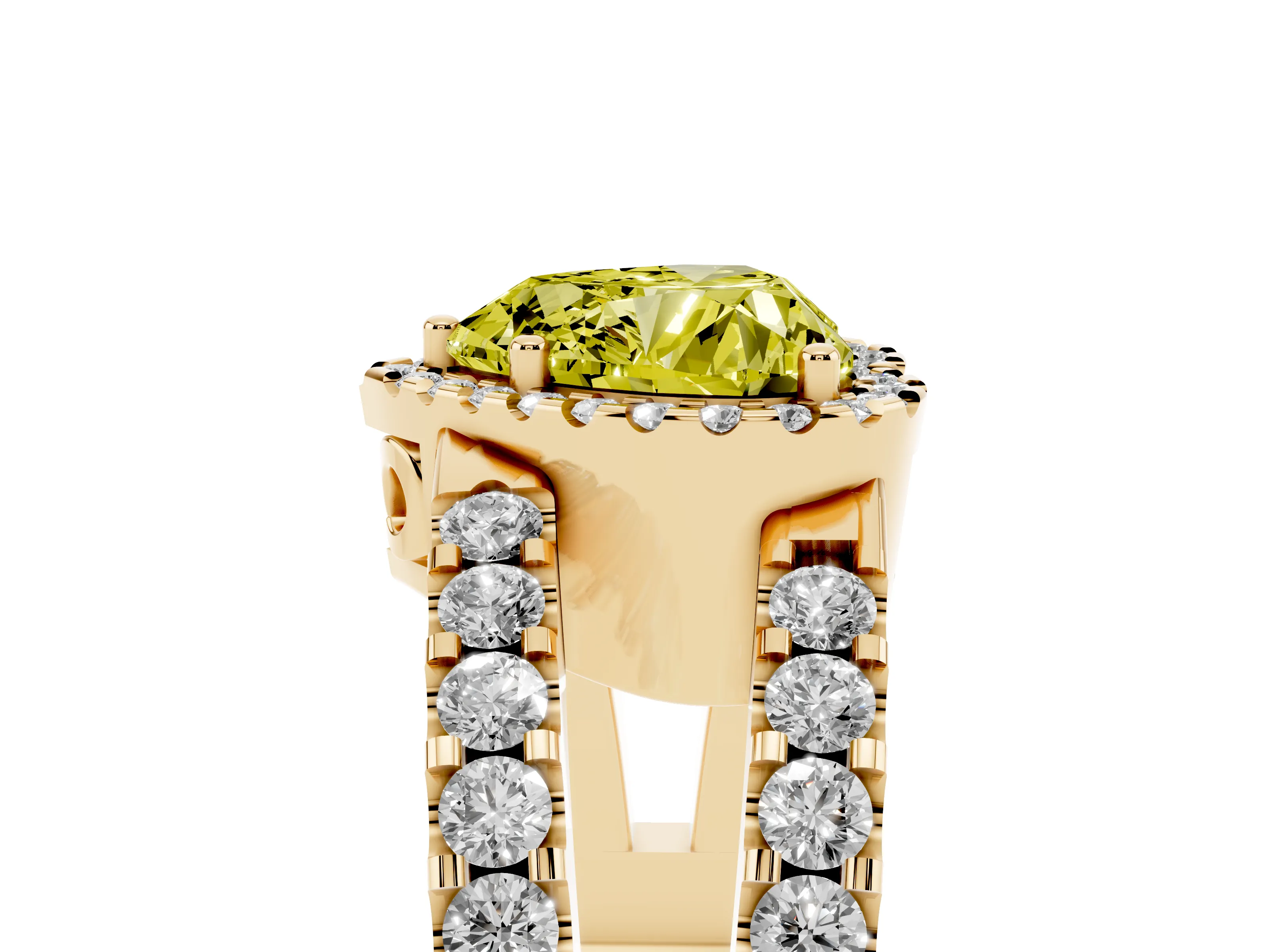 Fancy Yellow Heart Cut Diamond Halo Ring Set in Yellow gold with Pavé Split Shank and Prong Setting