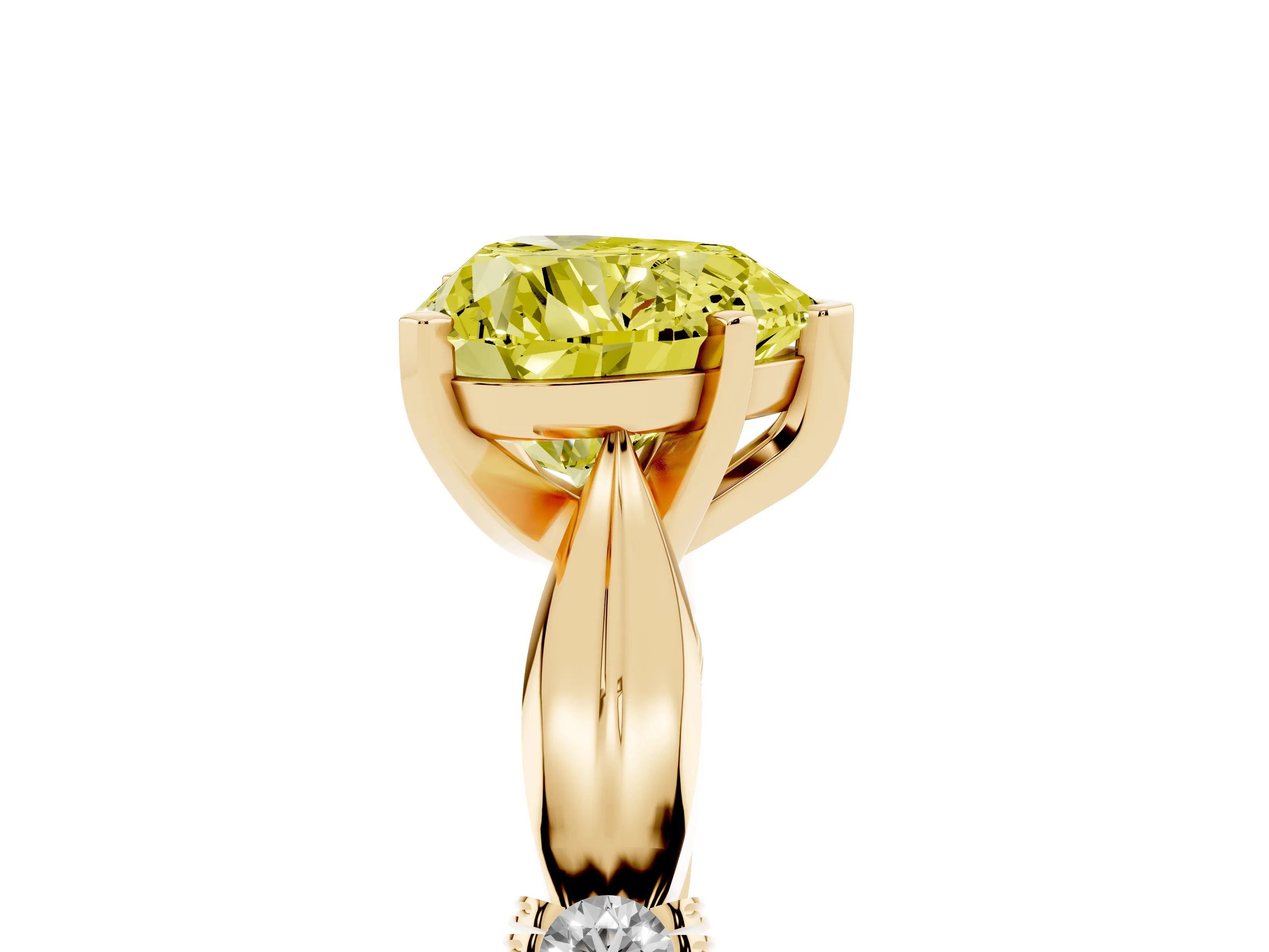 Fancy Yellow Heart Cut Diamond Solitaire Twisted Band Ring Set in Yellow gold with Accent Stones and Prong Setting