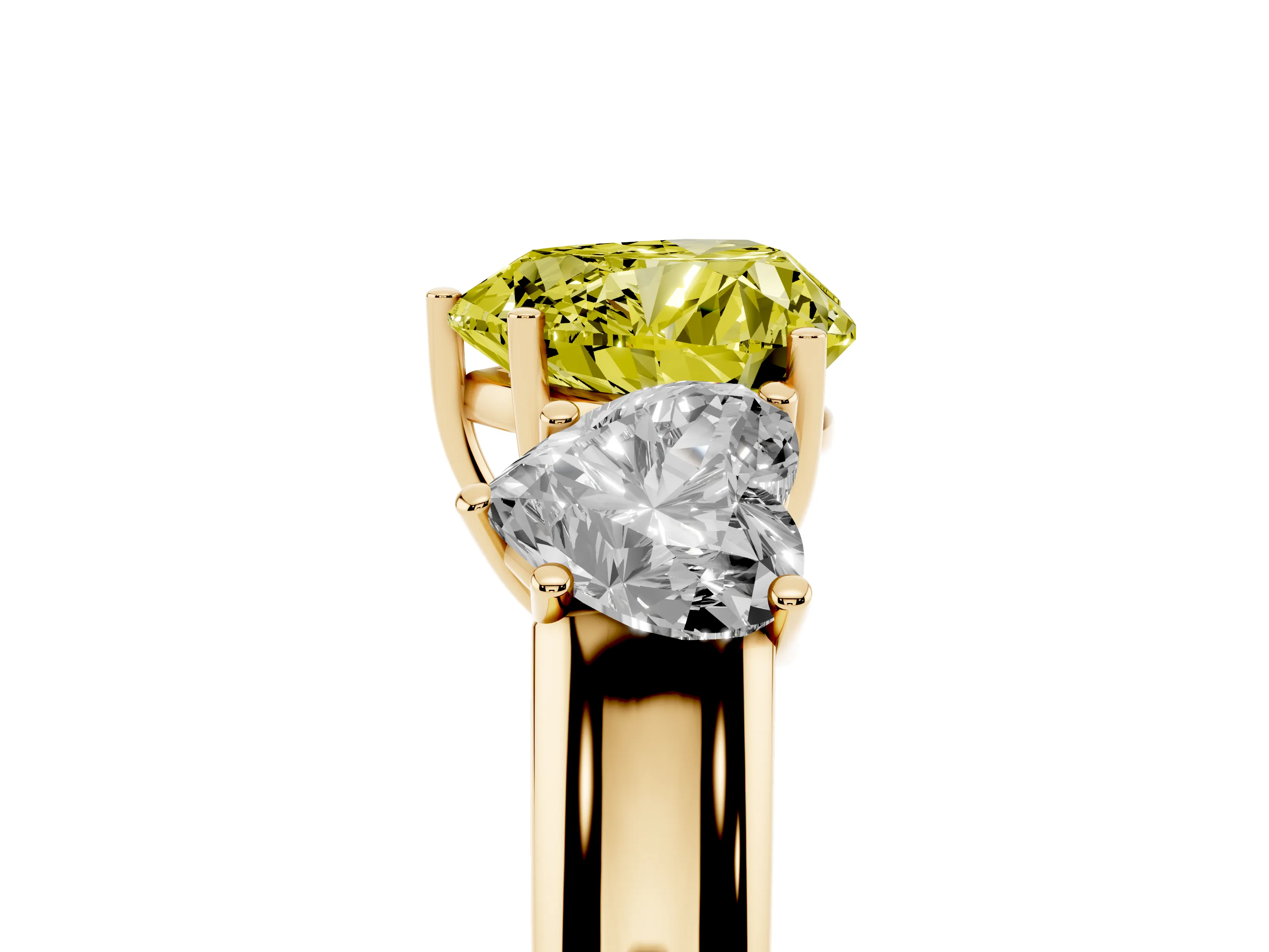 Fancy Yellow Three-Stone Heart Cut Diamond Ring Set in Yellow gold with Matching Prong Settings and Plain Band
