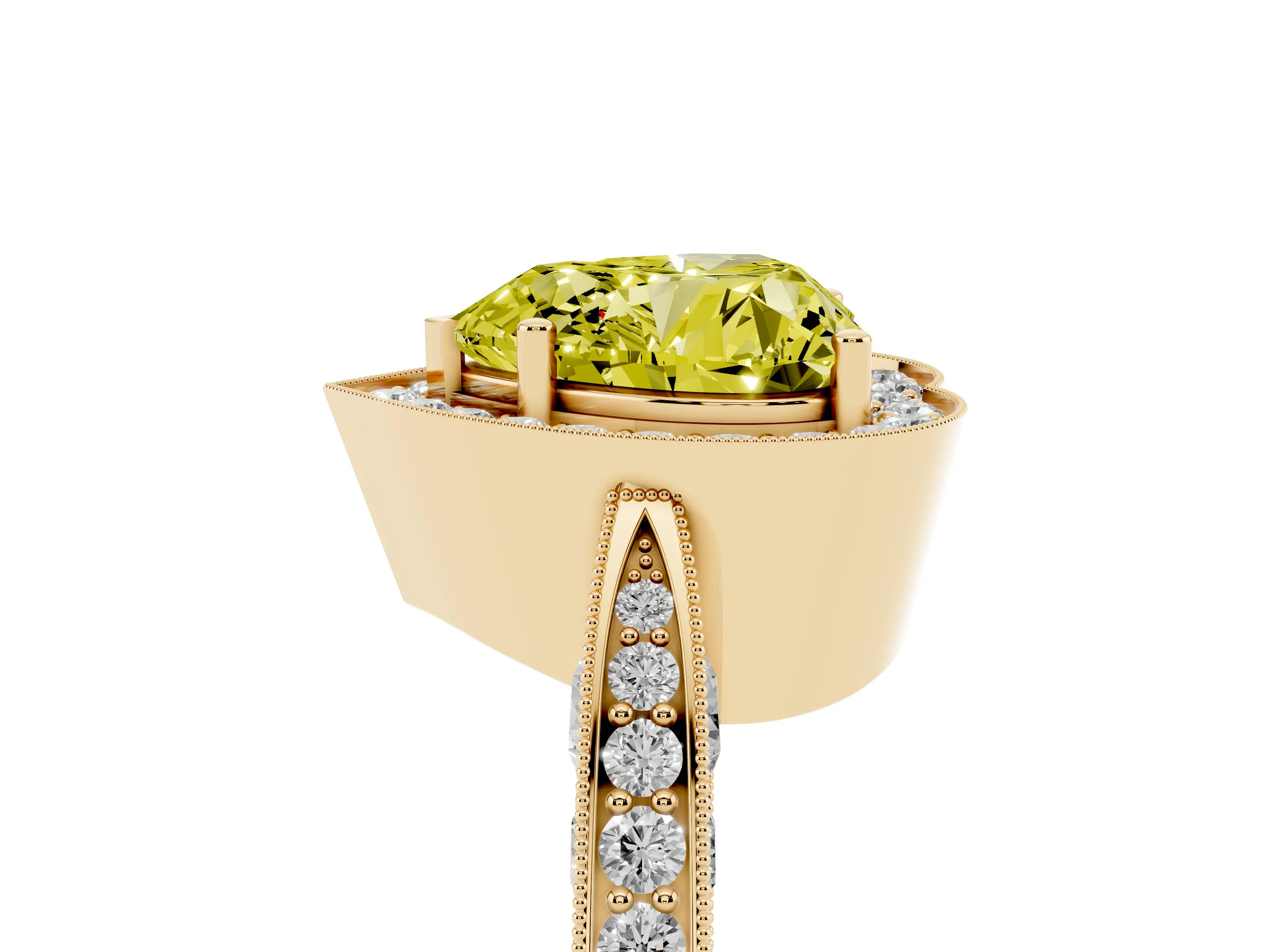 Fancy Yellow Heart Cut Diamond Halo Engagement Ring Set in Yellow gold with Accent Split Shank Band