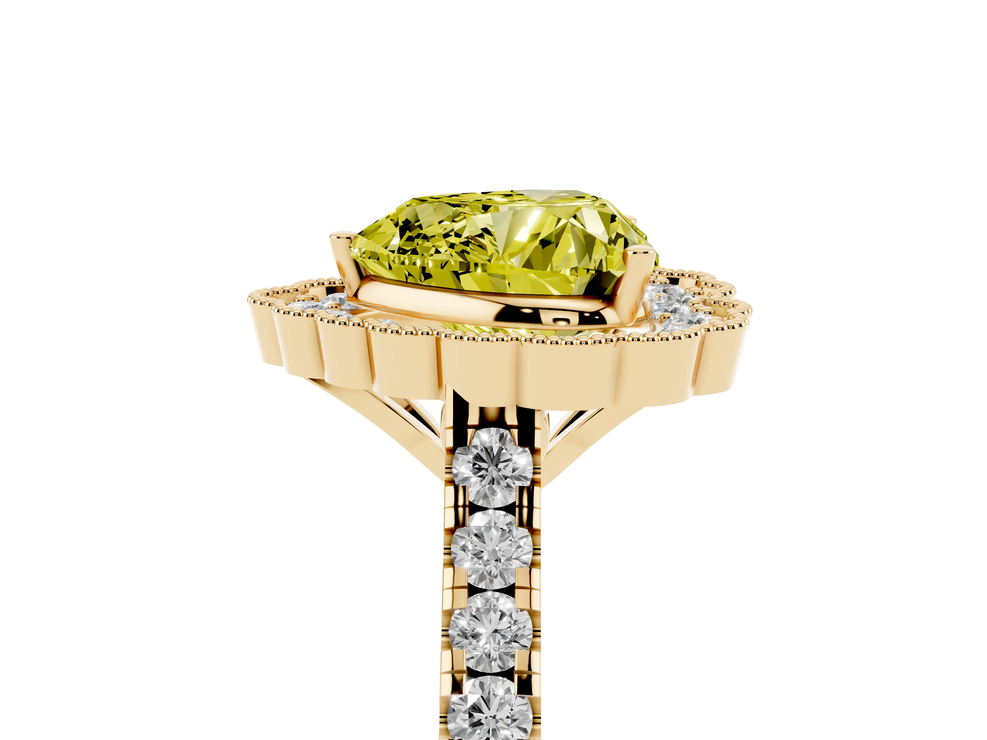 Fancy Yellow Heart Cut Diamond Milgrain Floral Halo Engagement Ring Set in Yellow gold with Pavé Band