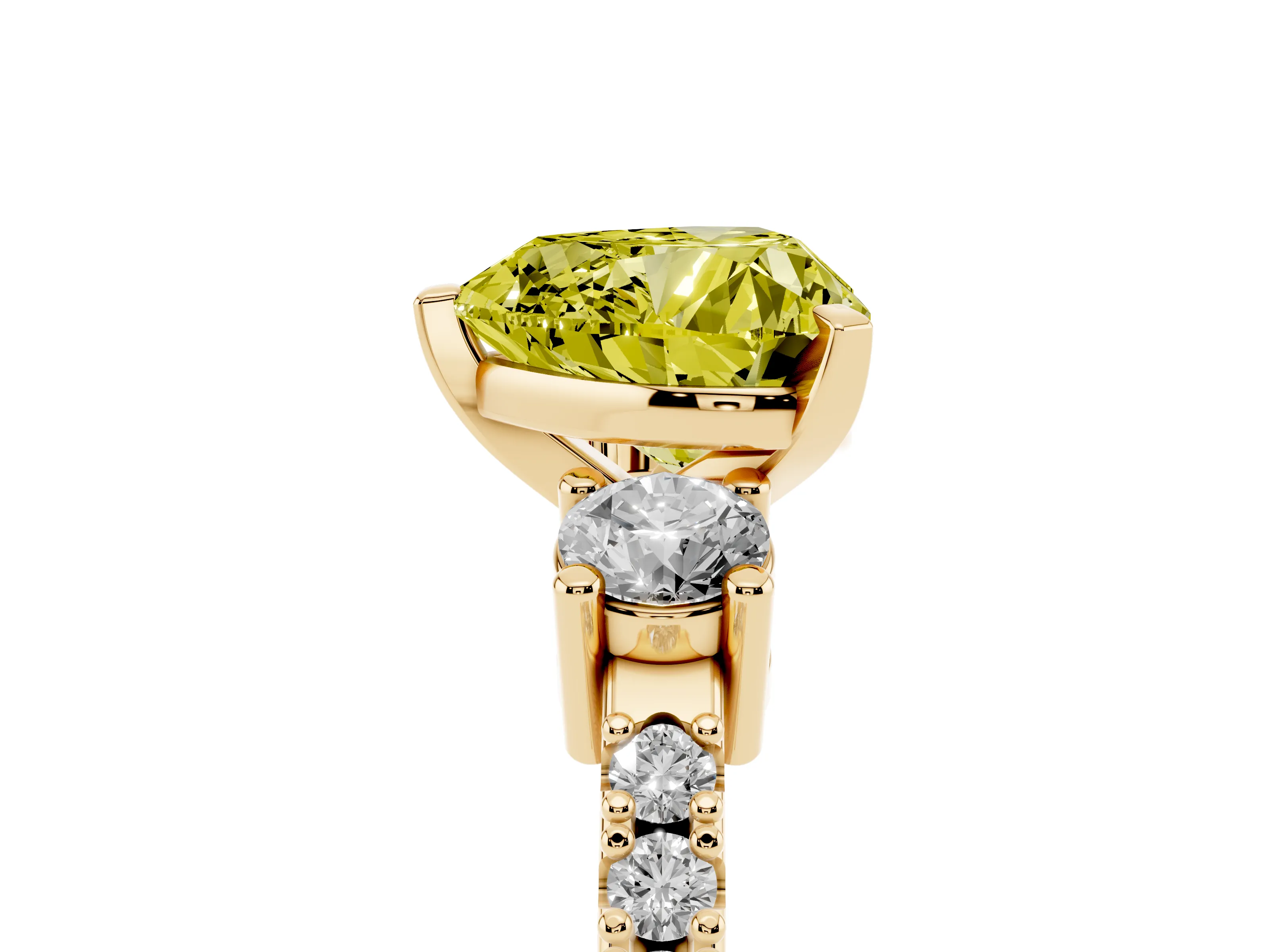 Fancy Yellow Three-Stone Heart Cut Diamond Pavé Band Ring Set in Yellow gold with Prong Setting