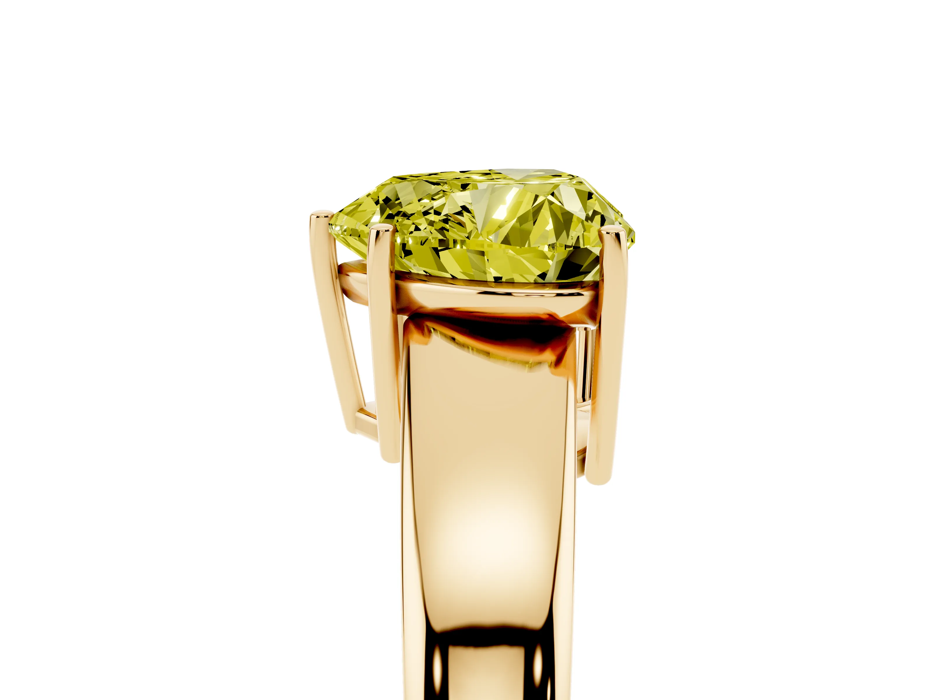 Fancy Yellow Heart Cut Diamond Solitaire Ring Set in Yellow gold with Tapered Band and Prong Setting