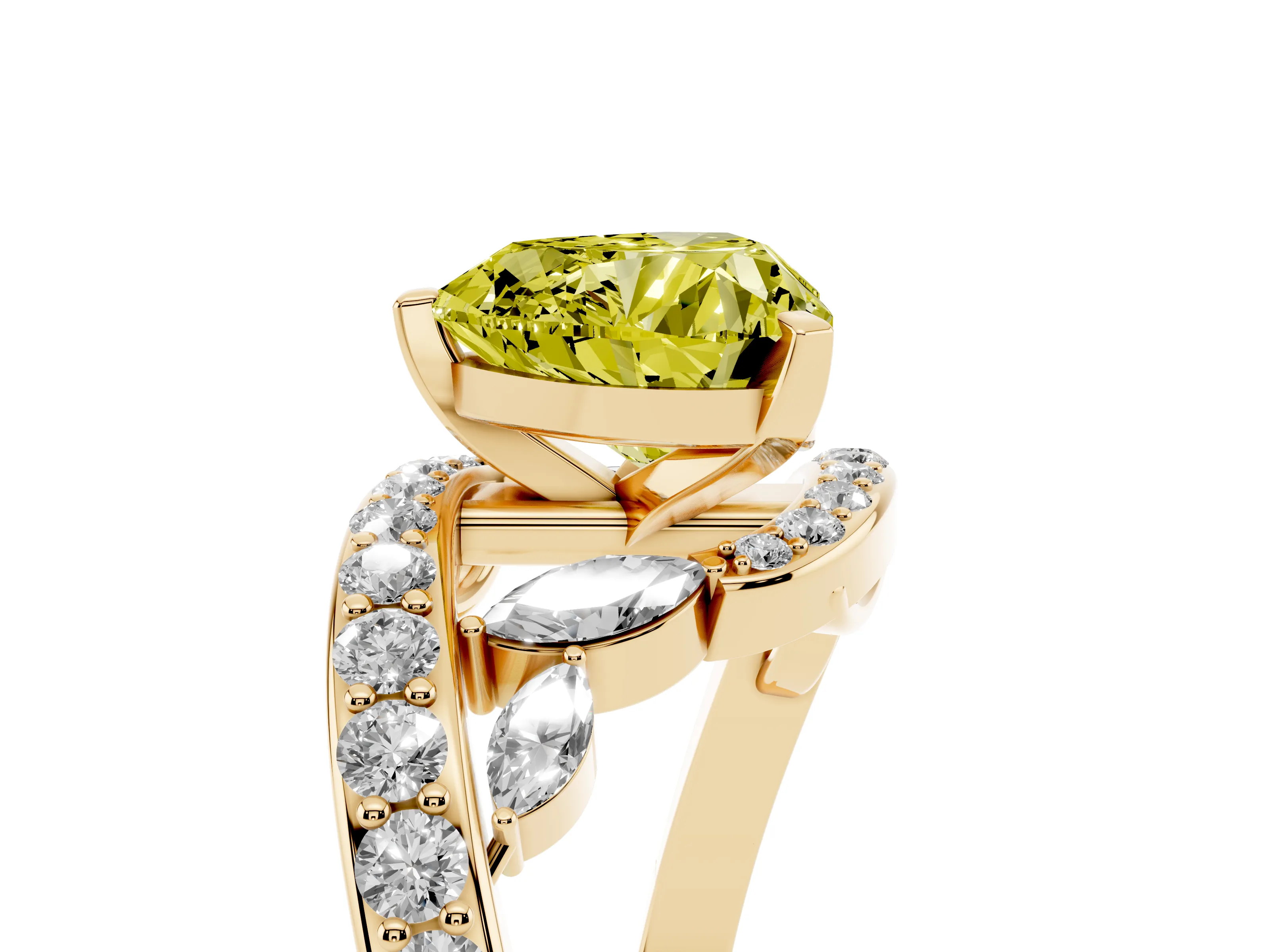Fancy Yellow Heart Cut Diamond Solitaire Ring Set in Yellow gold with Pavé Twist Band and Secure Prong Setting