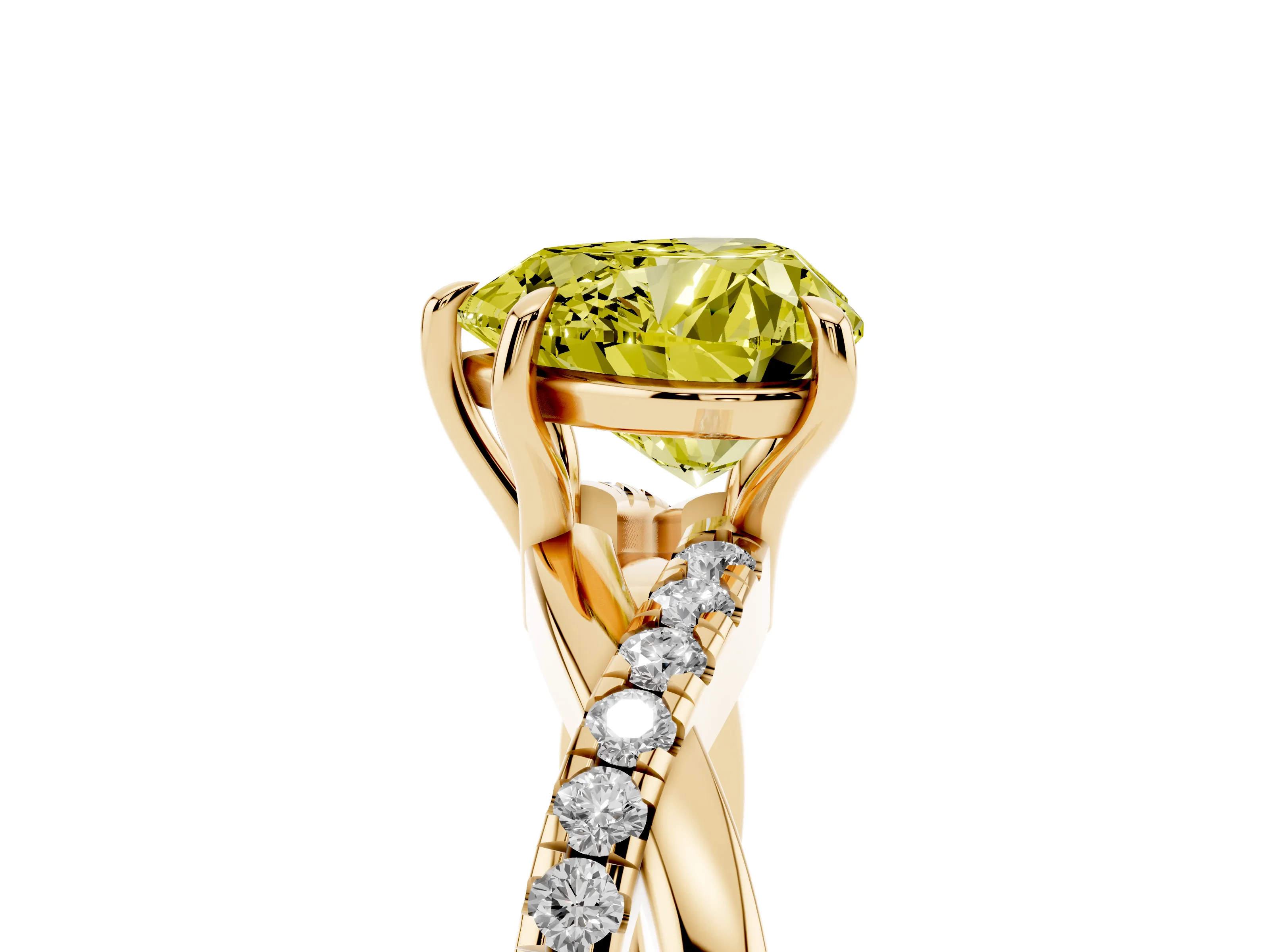 Fancy Yellow Heart Cut Diamond Twisted Pavé Band Ring Set in Yellow gold with Prong Setting