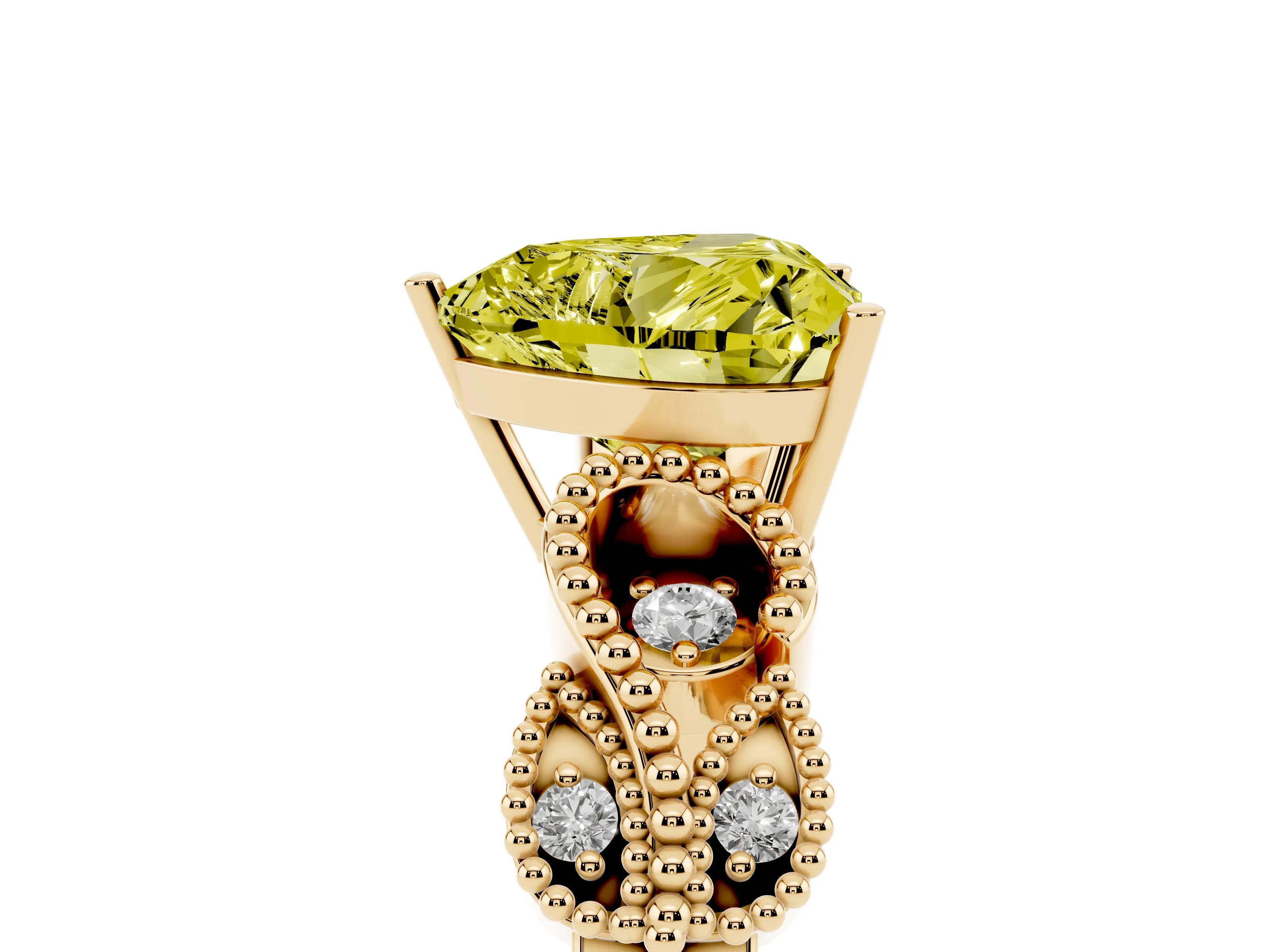 Fancy Yellow Heart Cut Diamond Milgrain Leaf Band Solitaire Ring Set in Yellow gold with Accent Stones and Prong Setting