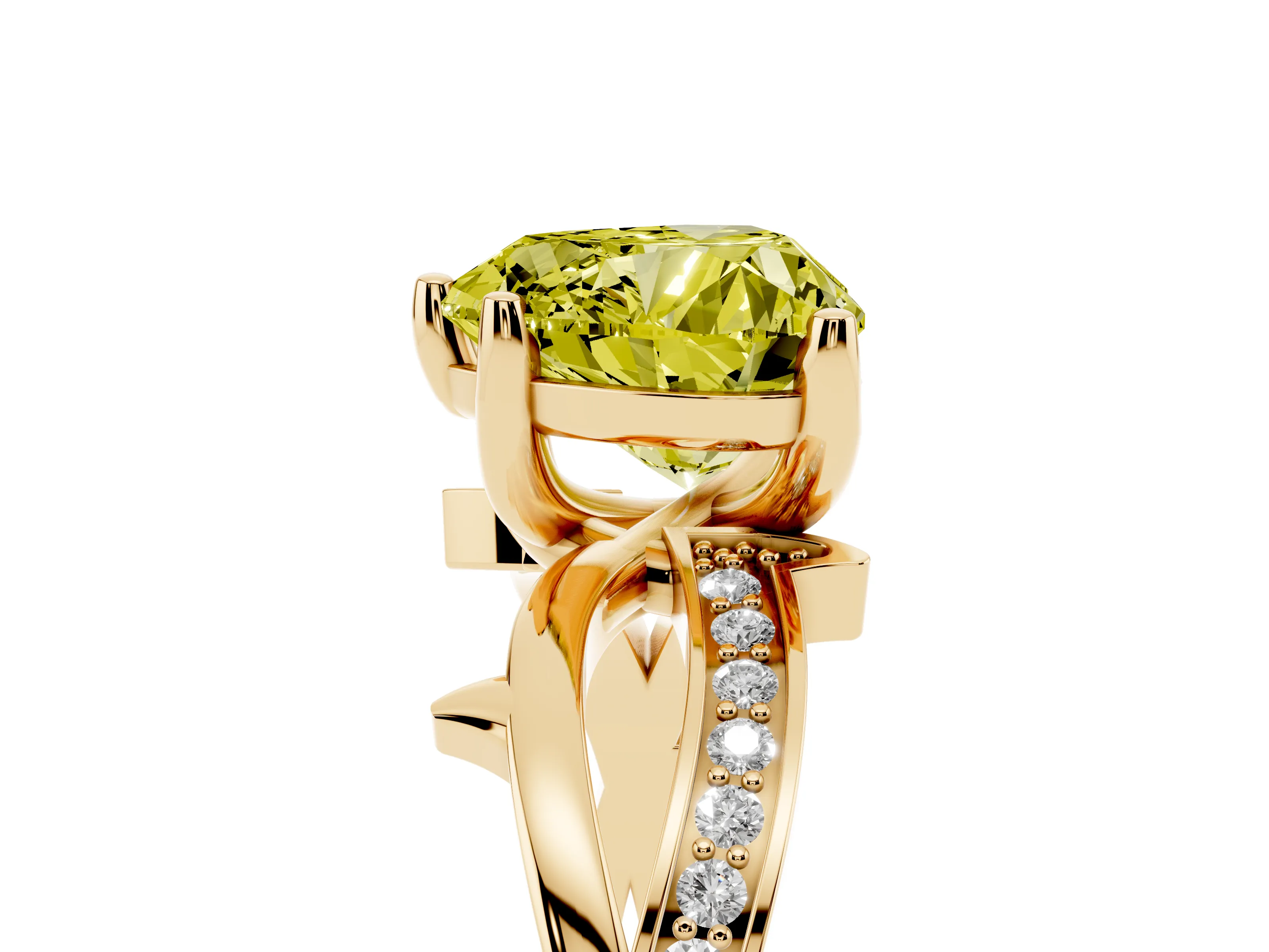 Fancy Yellow Heart Cut Diamond Pavé Twist Band Solitaire Ring Set in Yellow gold with Prong Setting