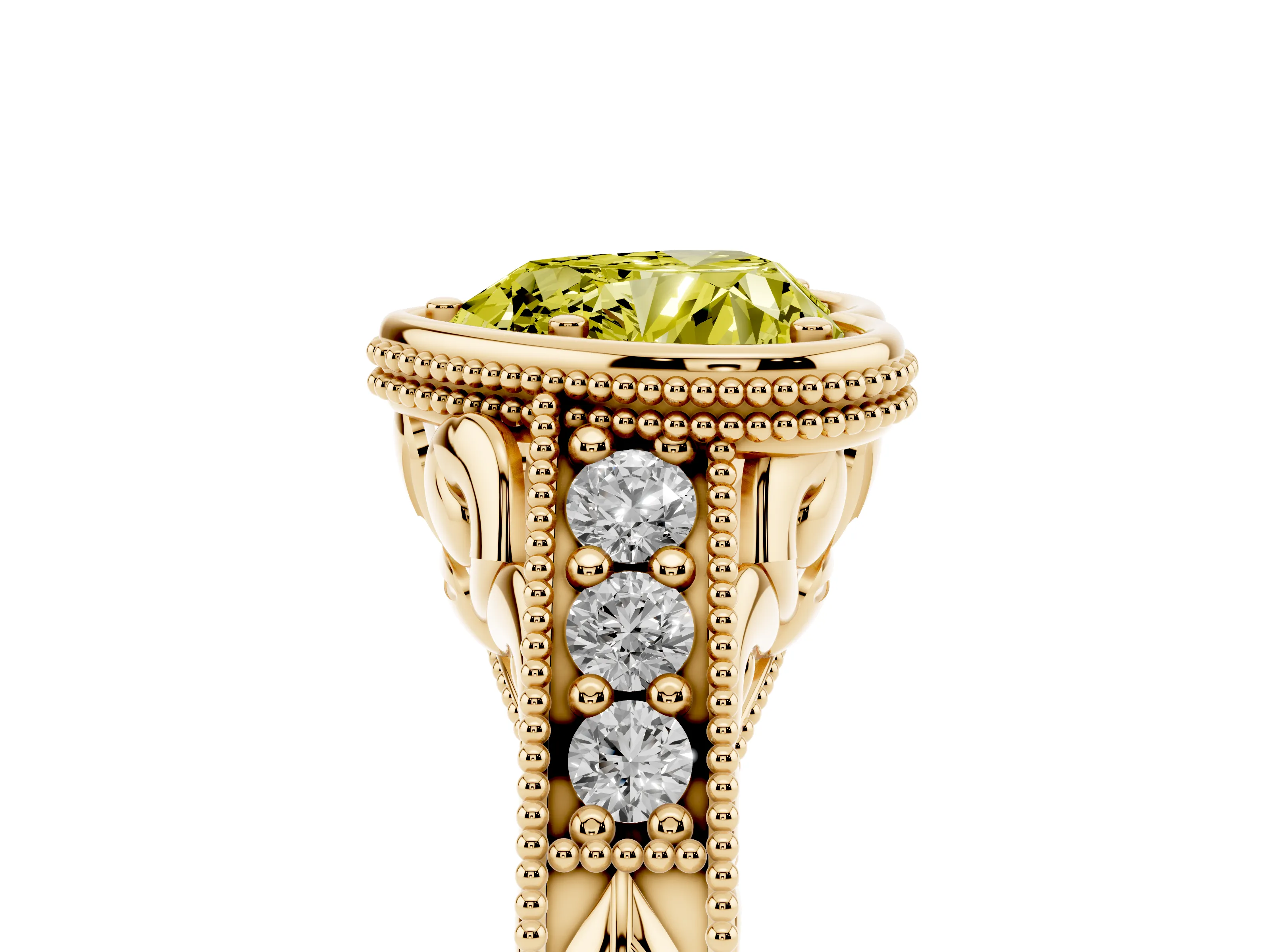Fancy Yellow Bezel Set Heart Cut Diamond Milgrain Pavé Engagement Ring Set in Yellow gold