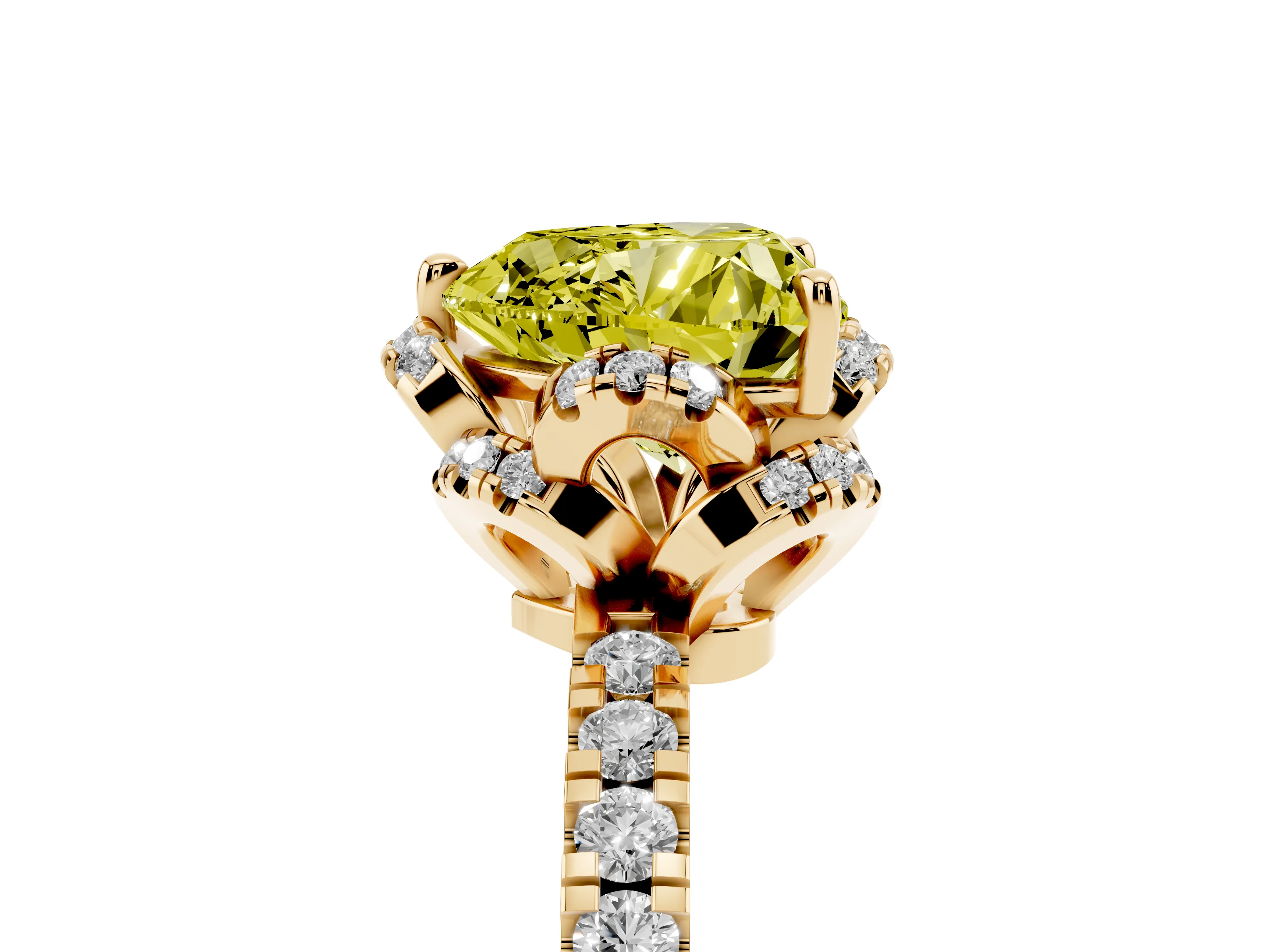 Fancy Yellow Heart Cut Diamond Halo Pavé Band Ring Set in Yellow gold with Prong-Held Center
