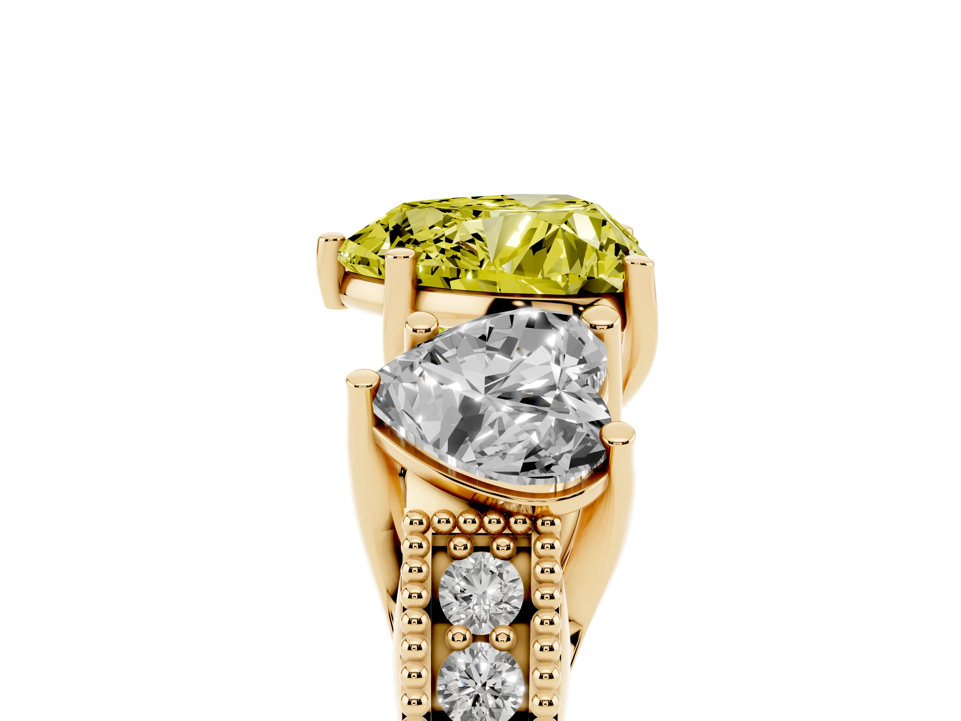 Fancy Yellow Heart Cut Diamond Three-Stone Engagement Ring Set in Yellow gold with Milgrain Pavé Band