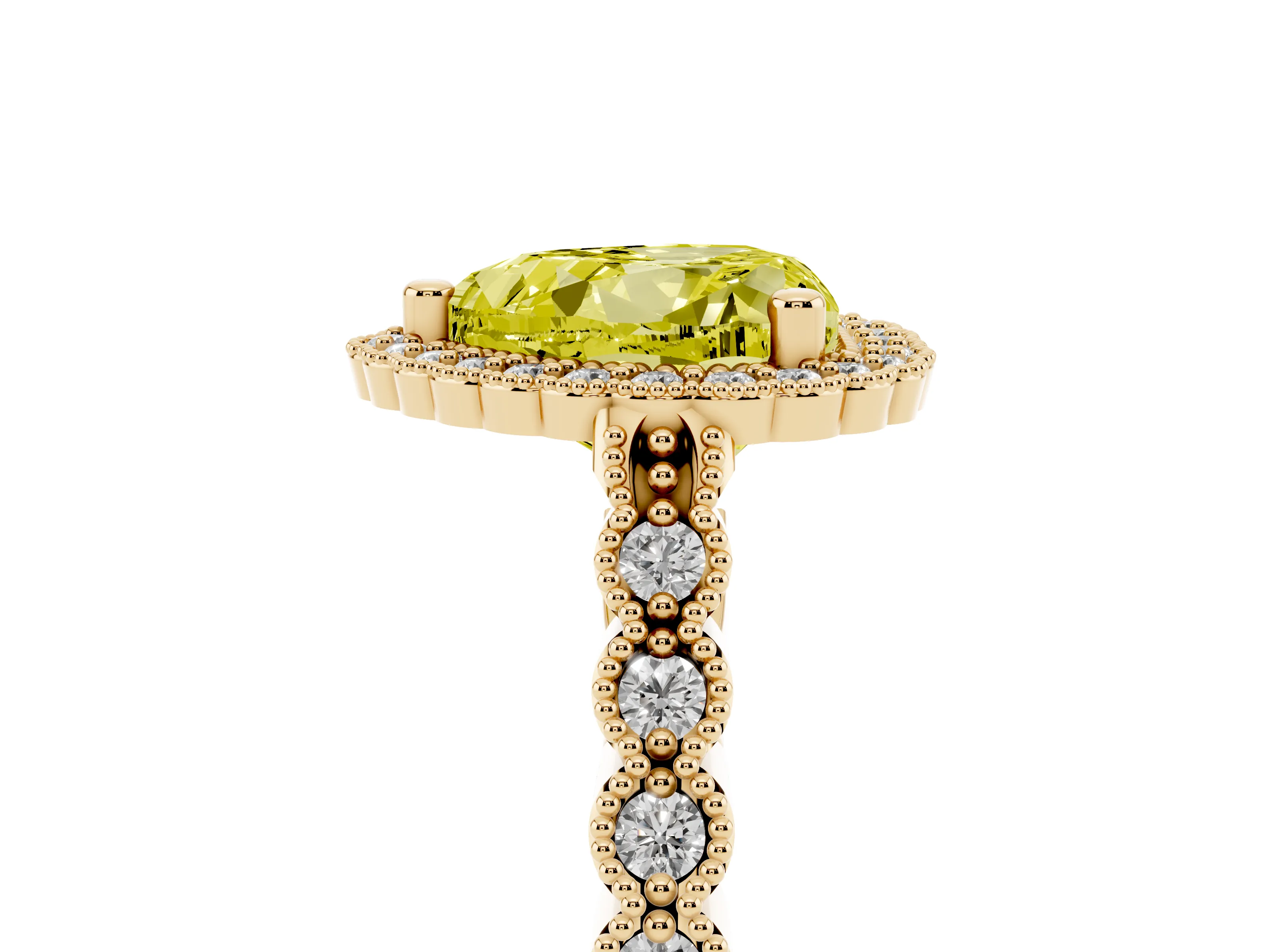 Fancy Yellow Heart Cut Diamond Halo Ring Set in Yellow gold with Pavé Milgrain Band