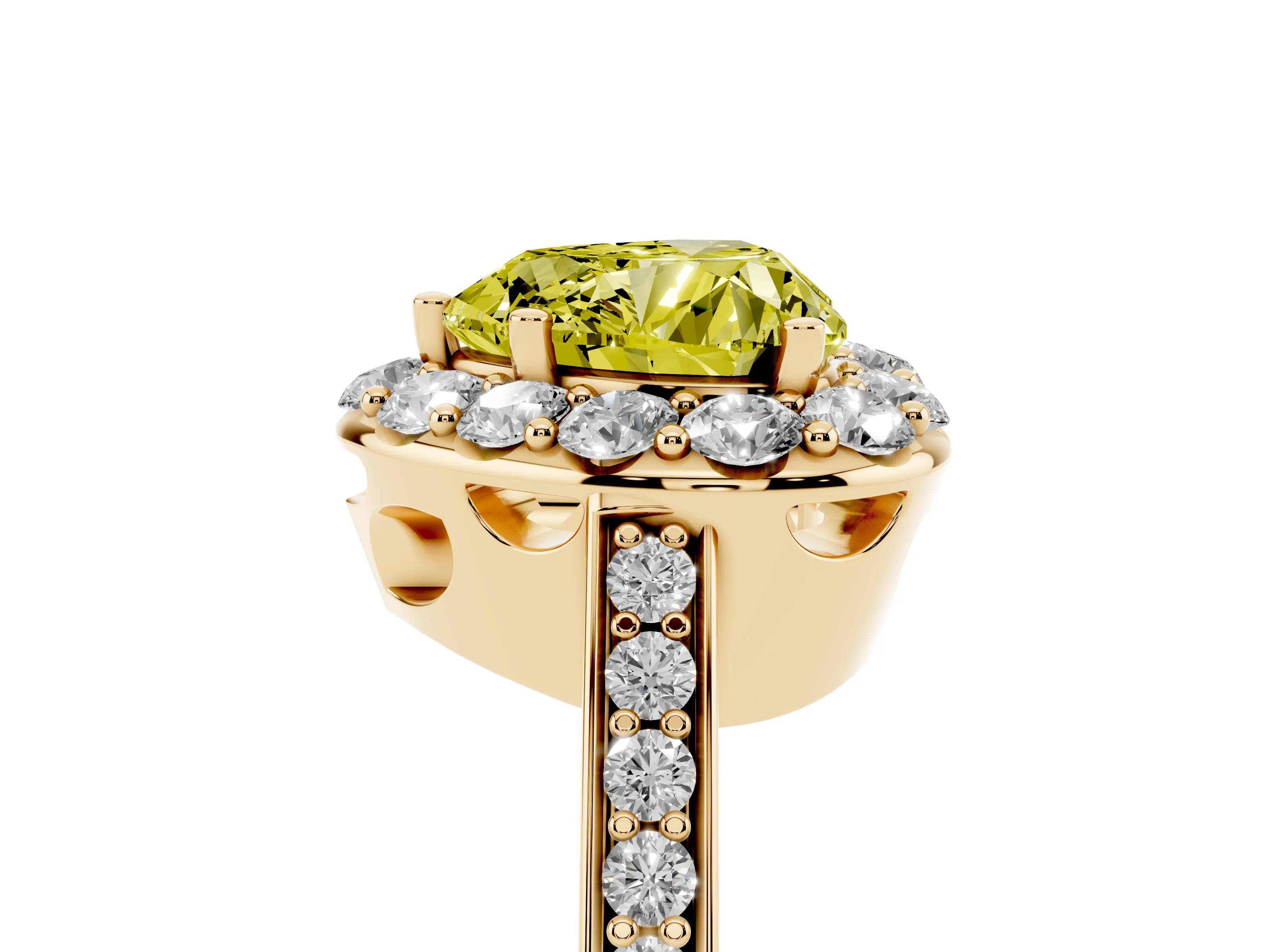 Fancy Yellow Heart Cut Diamond Floral Halo Ring Set in Yellow gold with Pavé Band and Prong Setting
