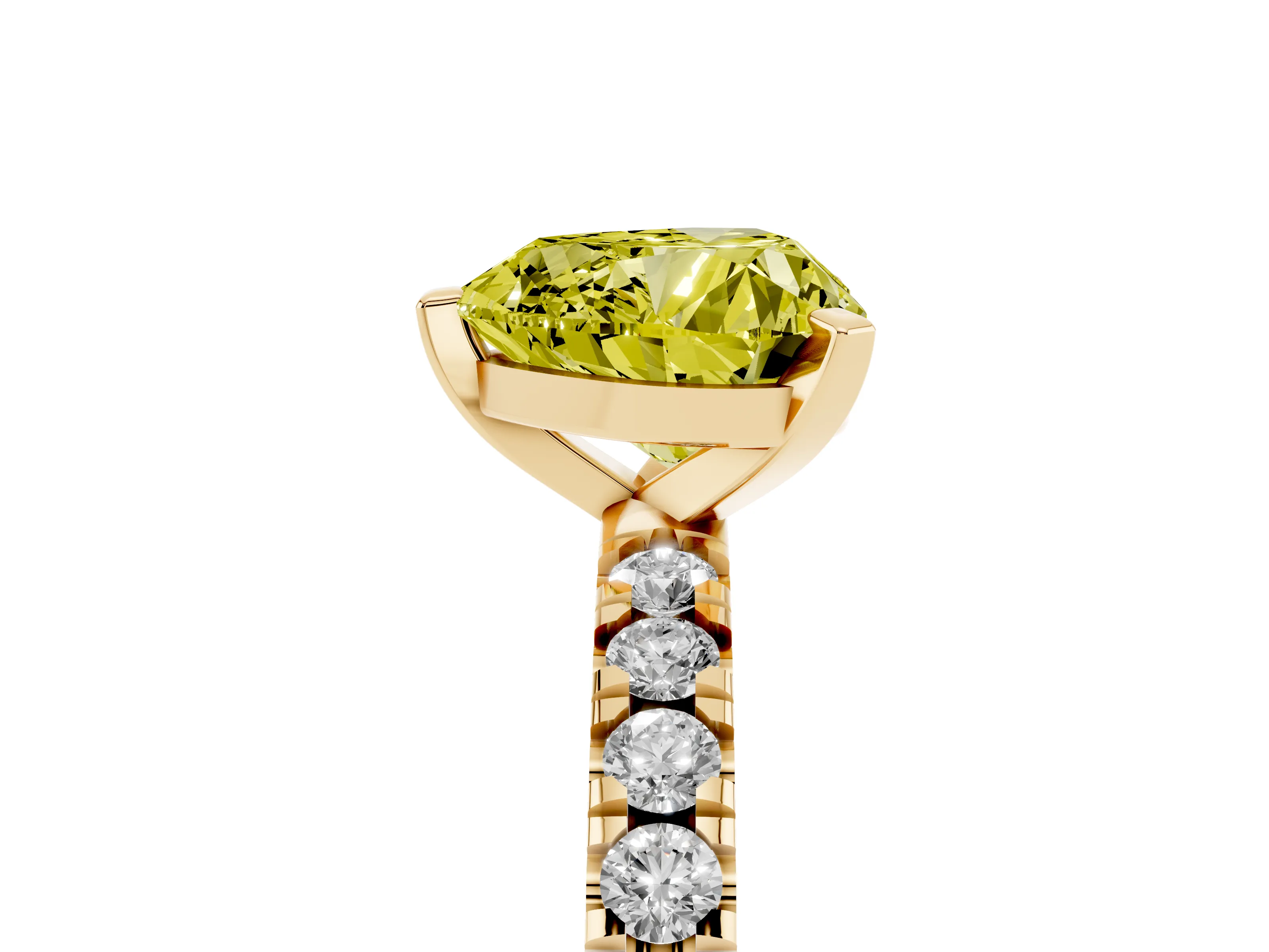 Fancy Yellow Heart Cut Diamond Pavé Band Solitaire Set in Yellow gold with Prong Setting