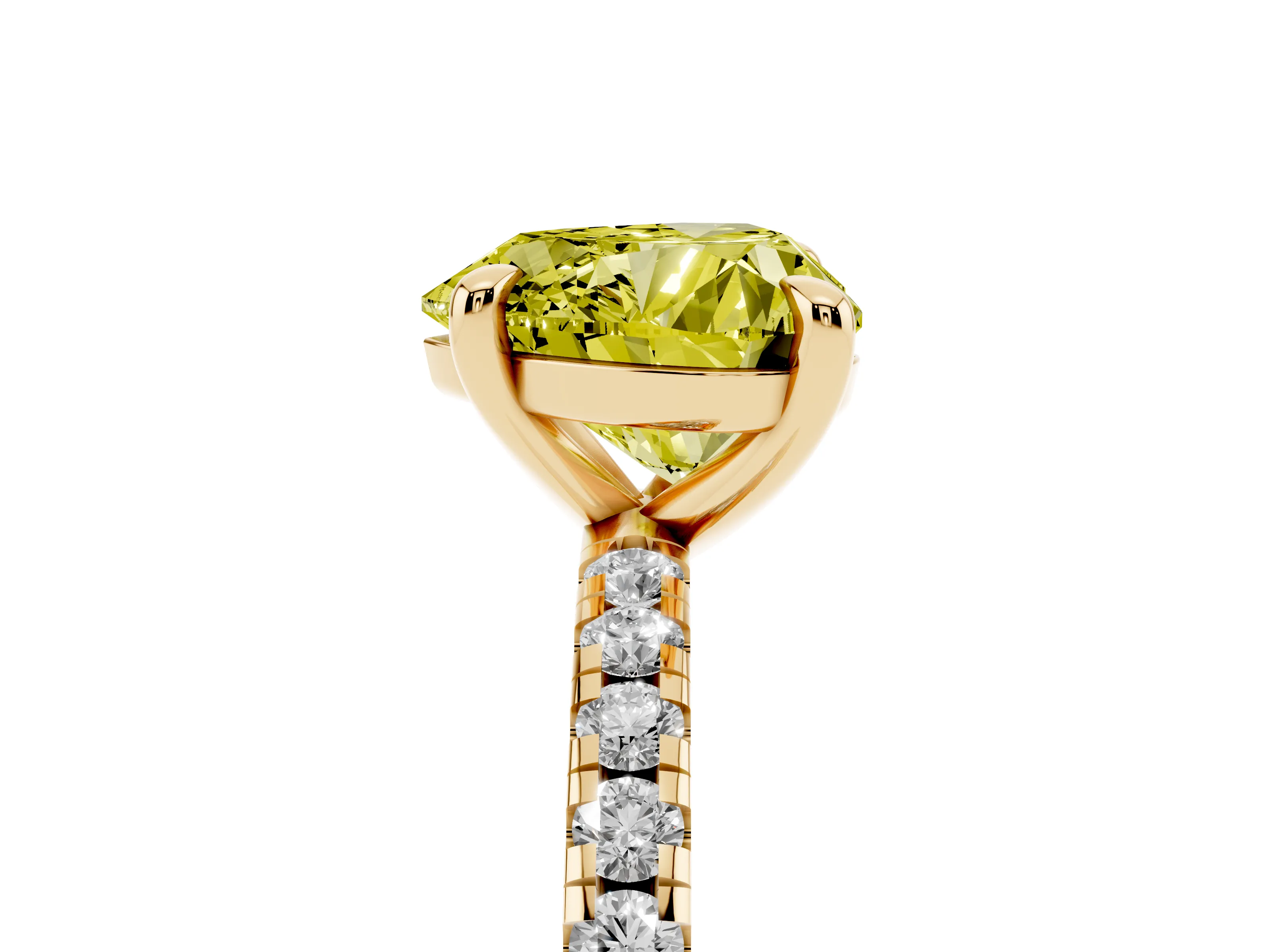 Fancy Yellow Heart Cut Diamond Brilliant Solitaire Ring Set in Yellow gold with Pavé Band and Prong Setting