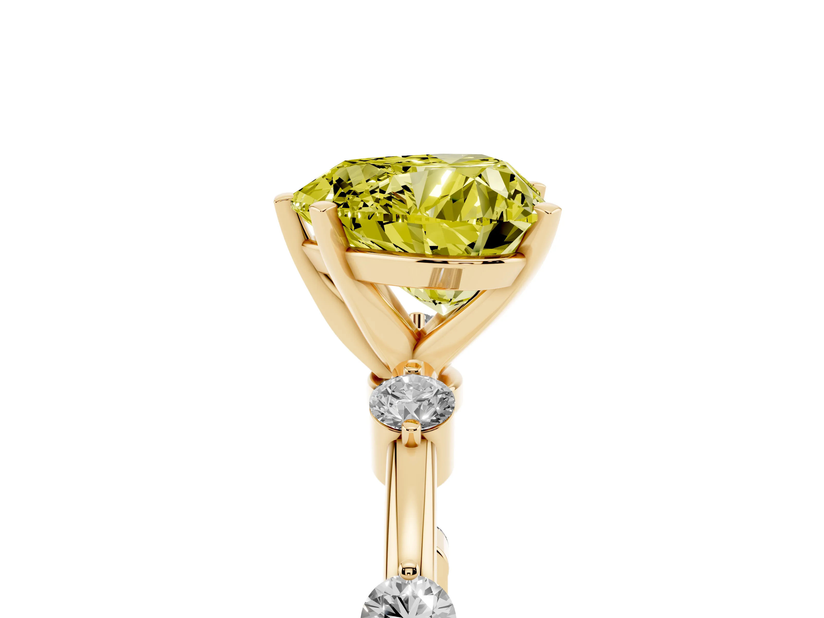 Fancy Yellow Heart Cut Diamond Solitaire Ring Set in Yellow gold with Bezel Set Side Stones and Prong Setting