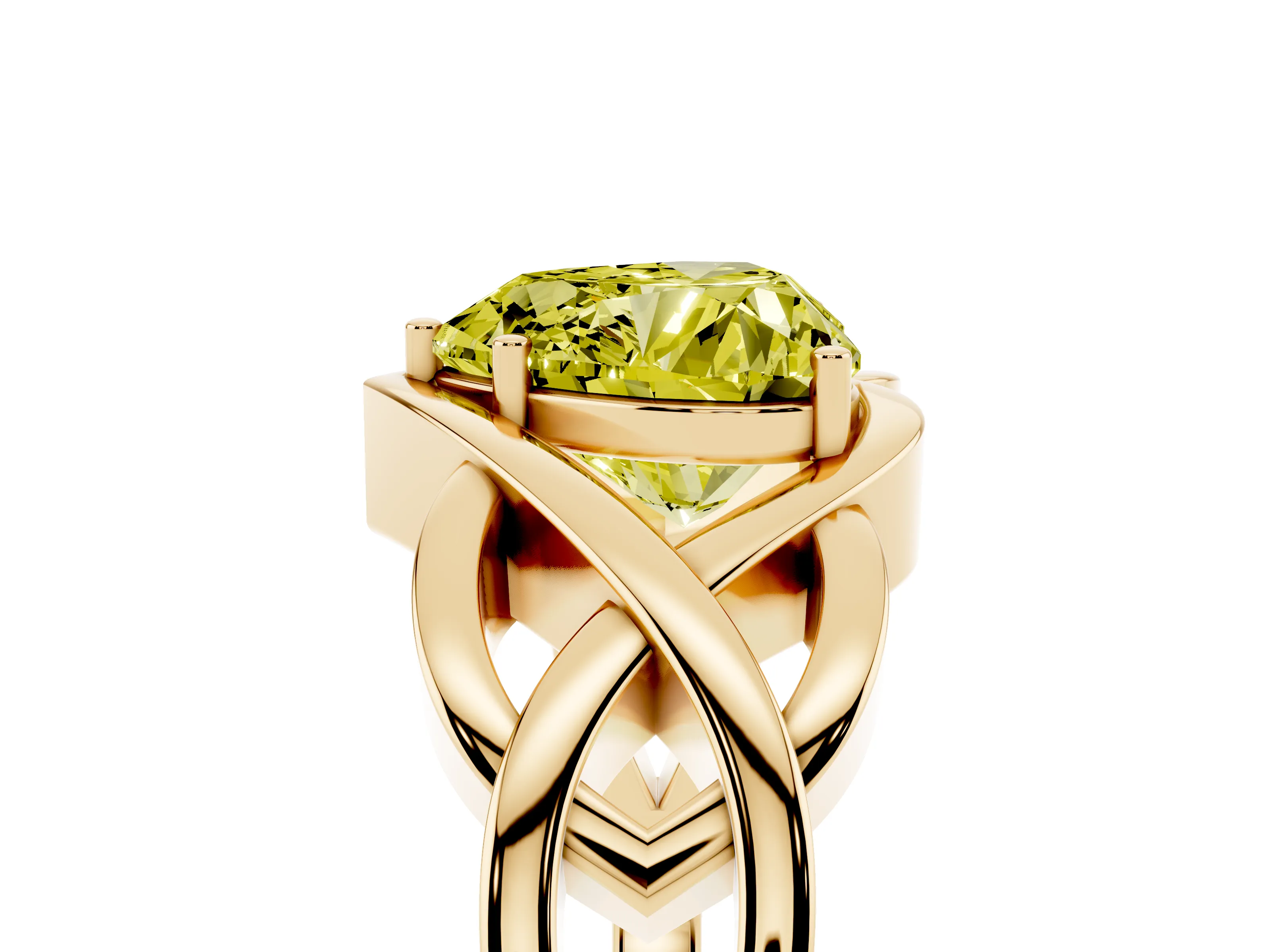 Fancy Yellow Heart Cut Diamond Solitaire Ring Set in Yellow gold with Intertwined Band