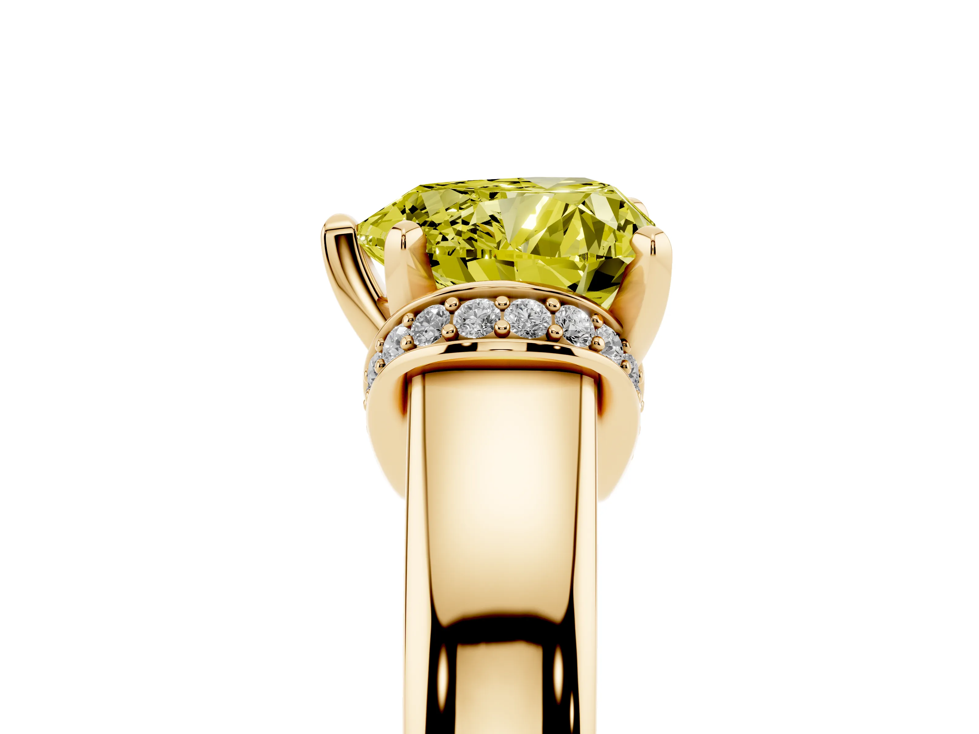 Fancy Yellow Heart Cut Diamond Pavé Band Solitaire Ring Set in Yellow gold with Prong Setting