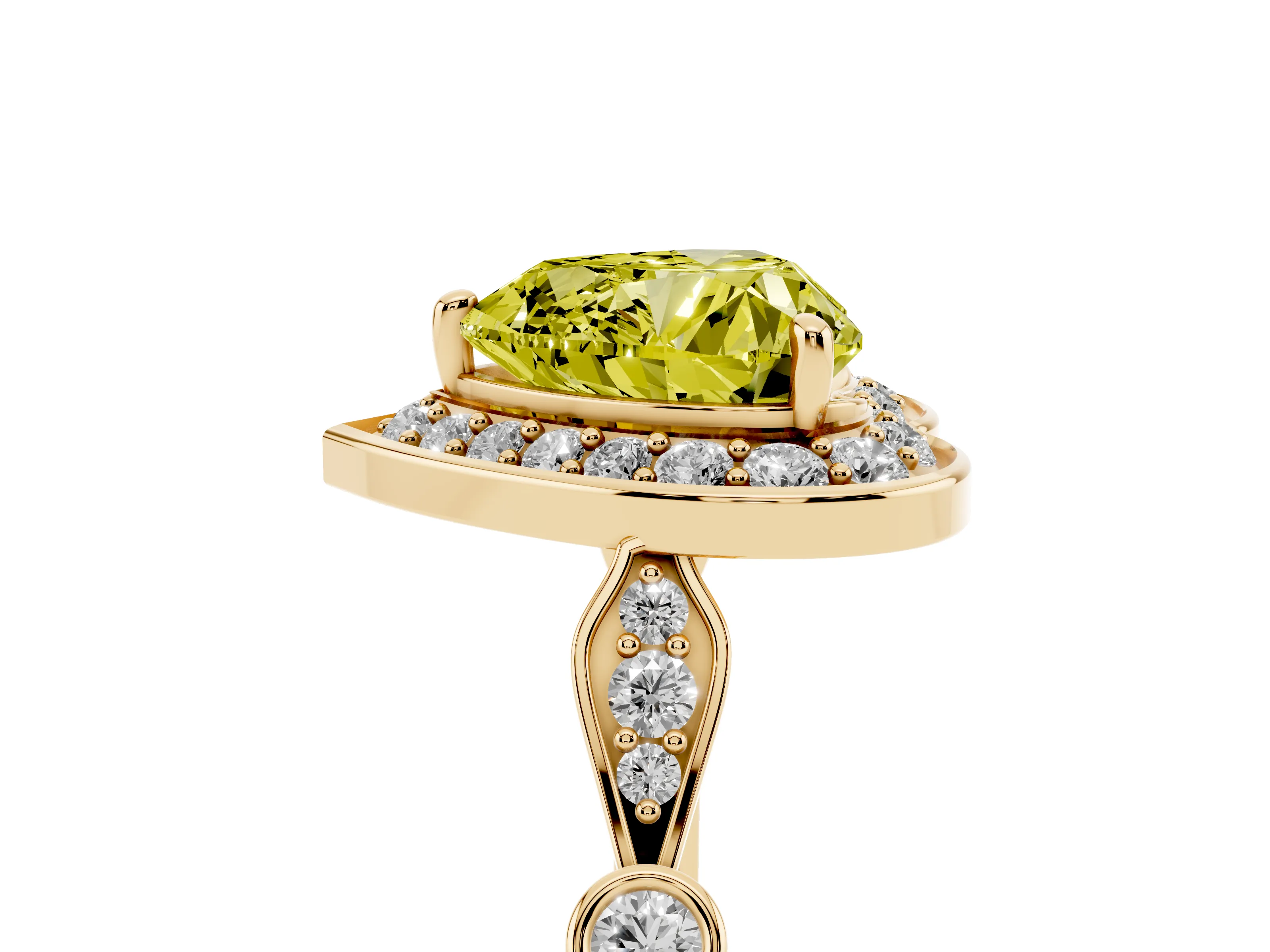 Fancy Yellow Heart Cut Diamond Halo Engagement Ring Set in Yellow gold with Twisted Band and Prong Setting