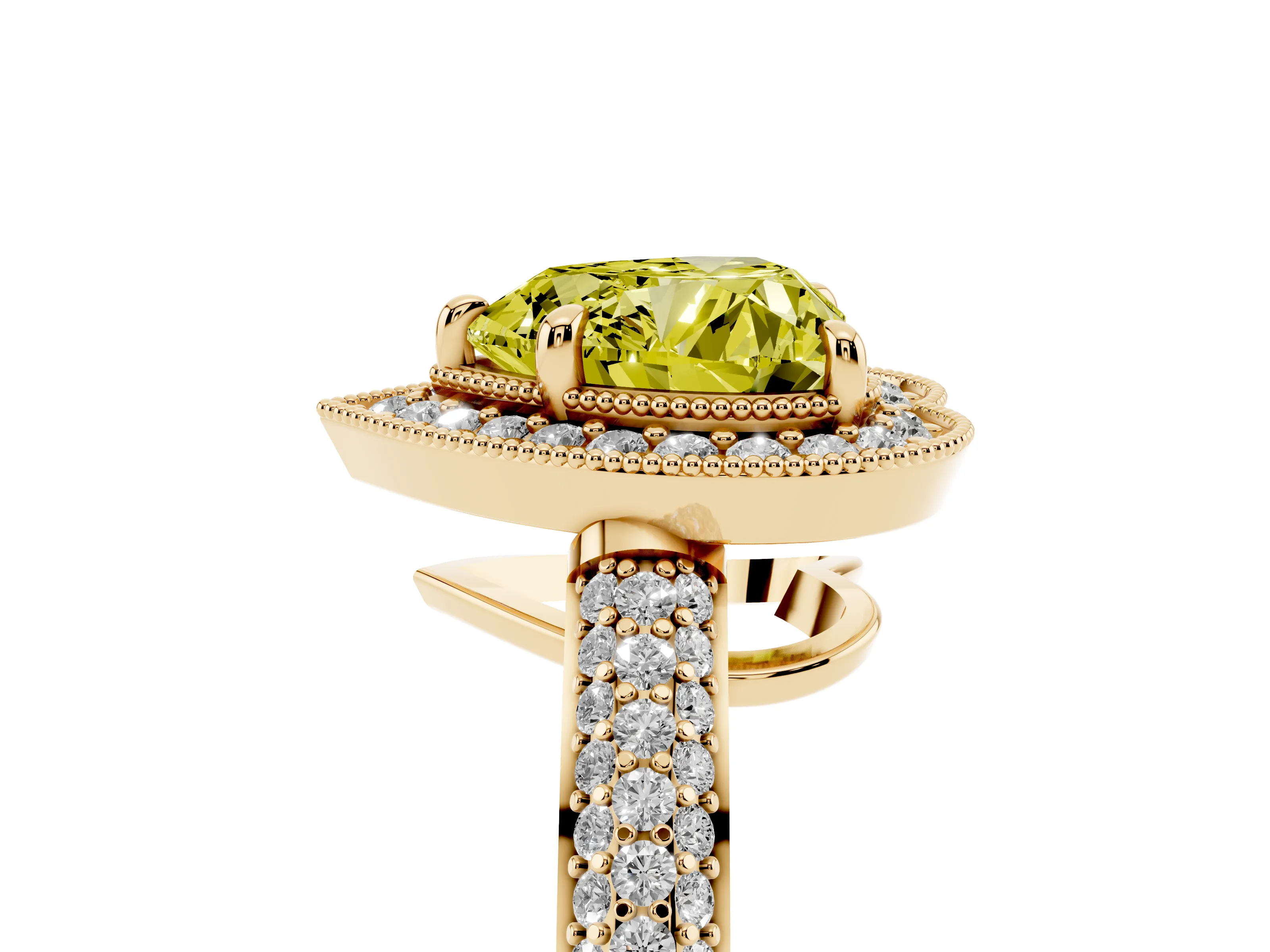 Fancy Yellow Heart Cut Diamond Halo Pavé Band Set in Yellow gold with Prong Setting