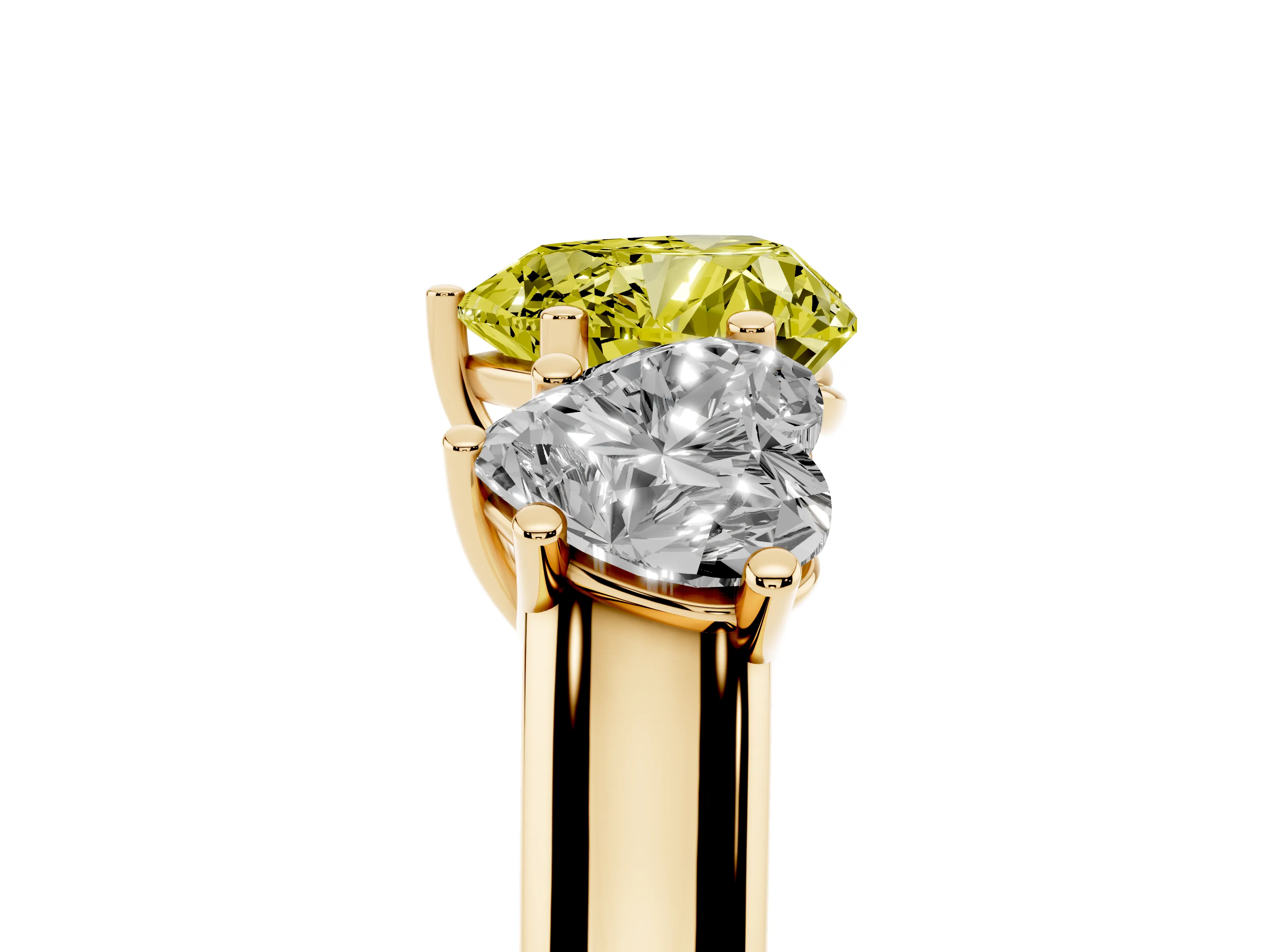 Fancy Yellow Heart Cut Diamond Three-Stone Ring Set in Yellow gold with Plain Polished Band